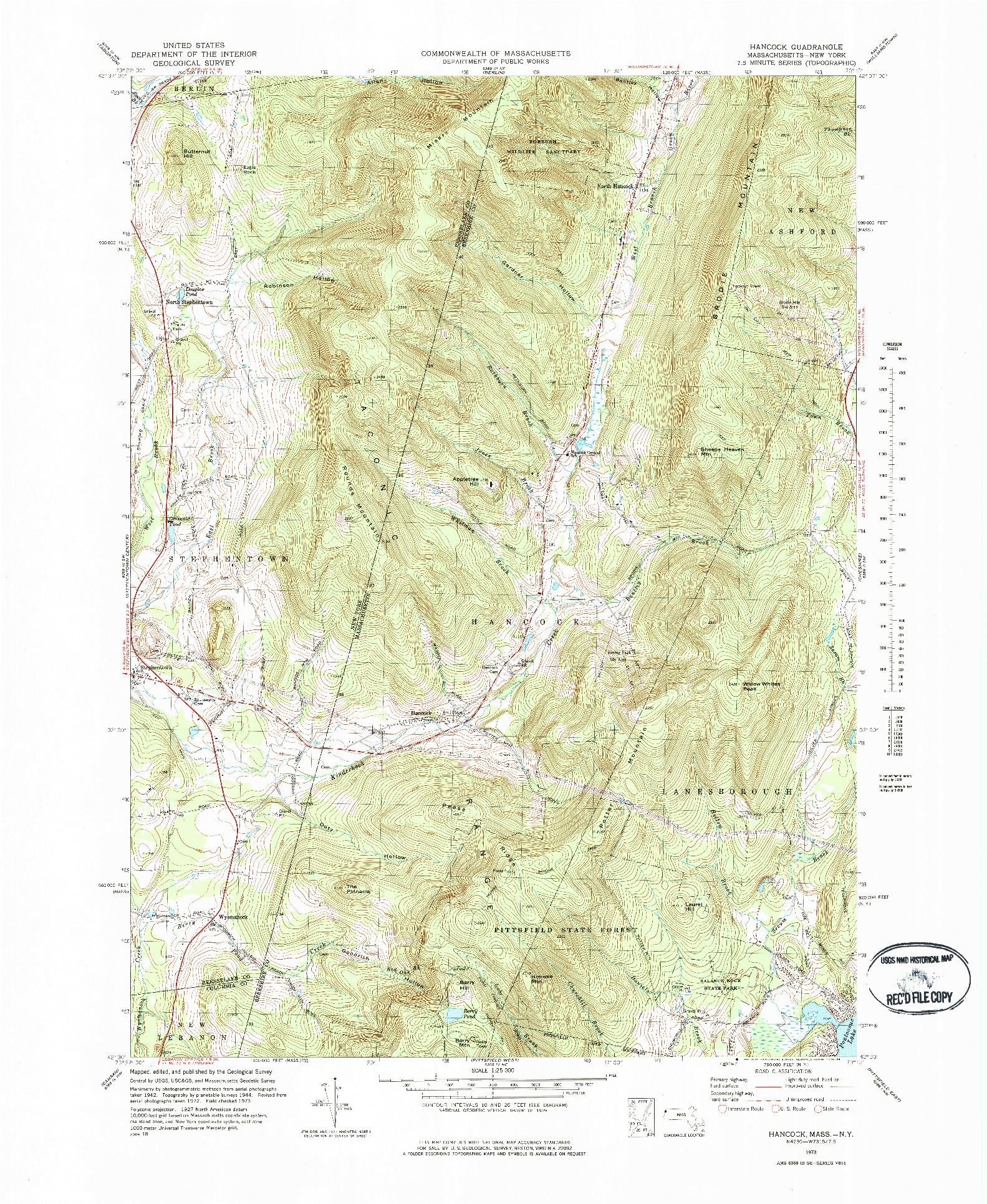 USGS 1:25000-SCALE QUADRANGLE FOR HANCOCK, MA 1973