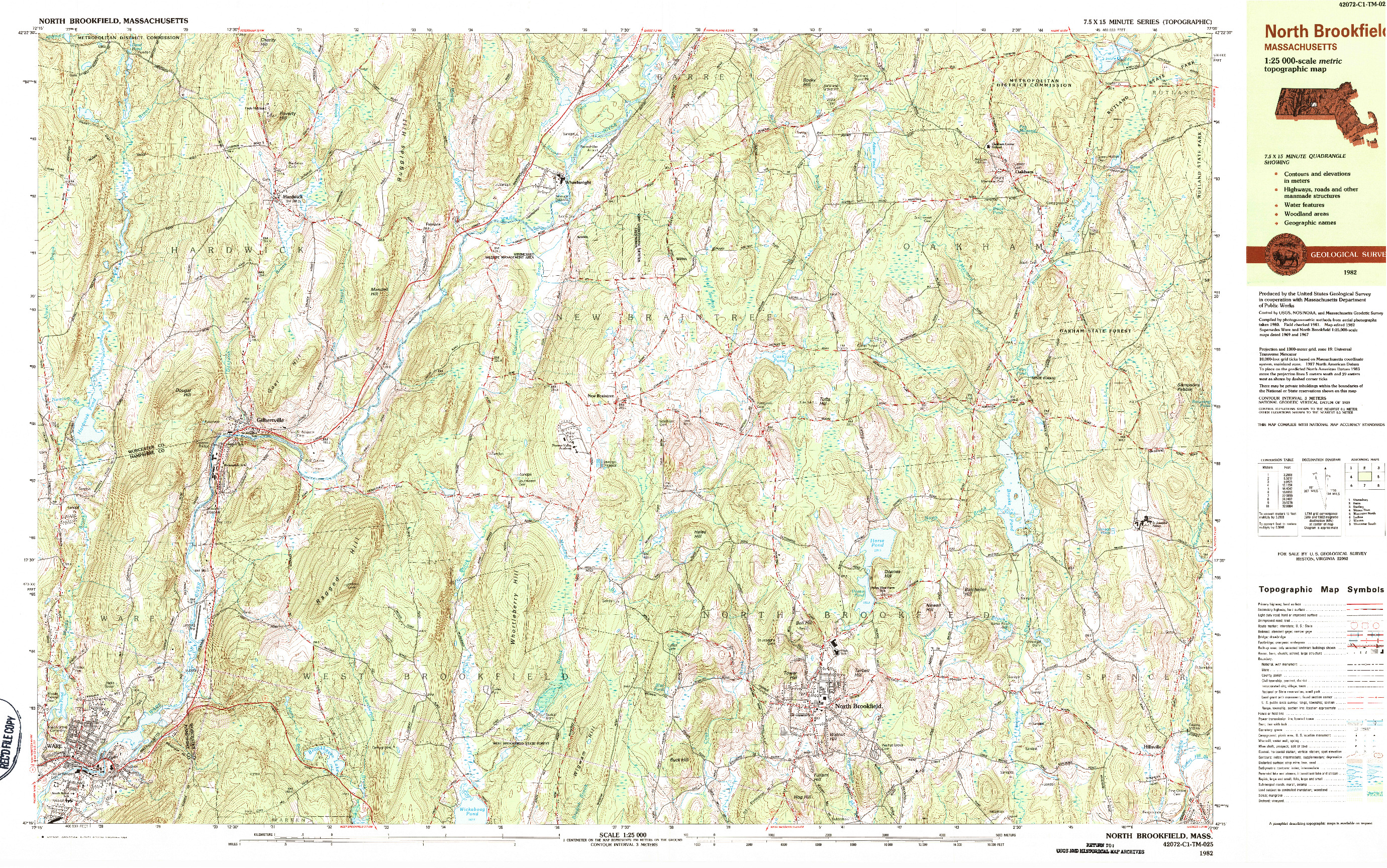 USGS 1:25000-SCALE QUADRANGLE FOR NORTH BROOKFIELD, MA 1982