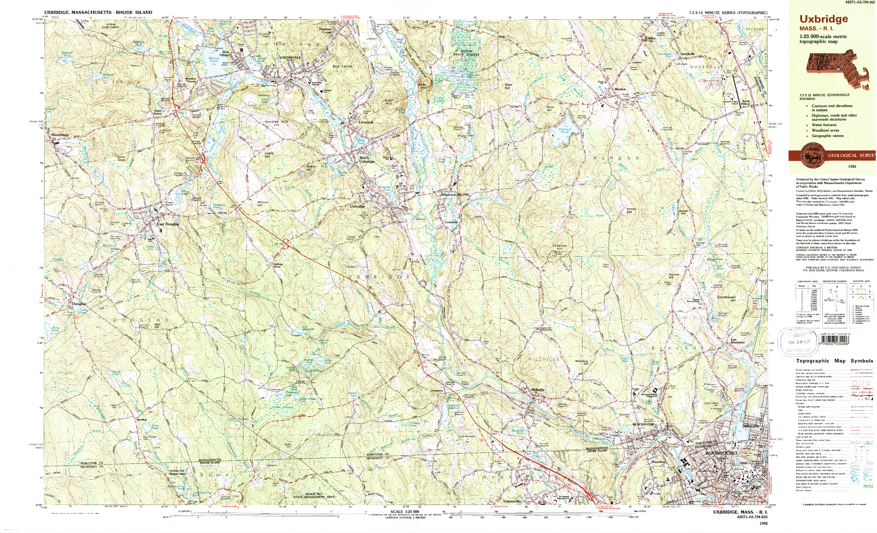 USGS 1:25000-SCALE QUADRANGLE FOR UXBRIDGE, MA 1982