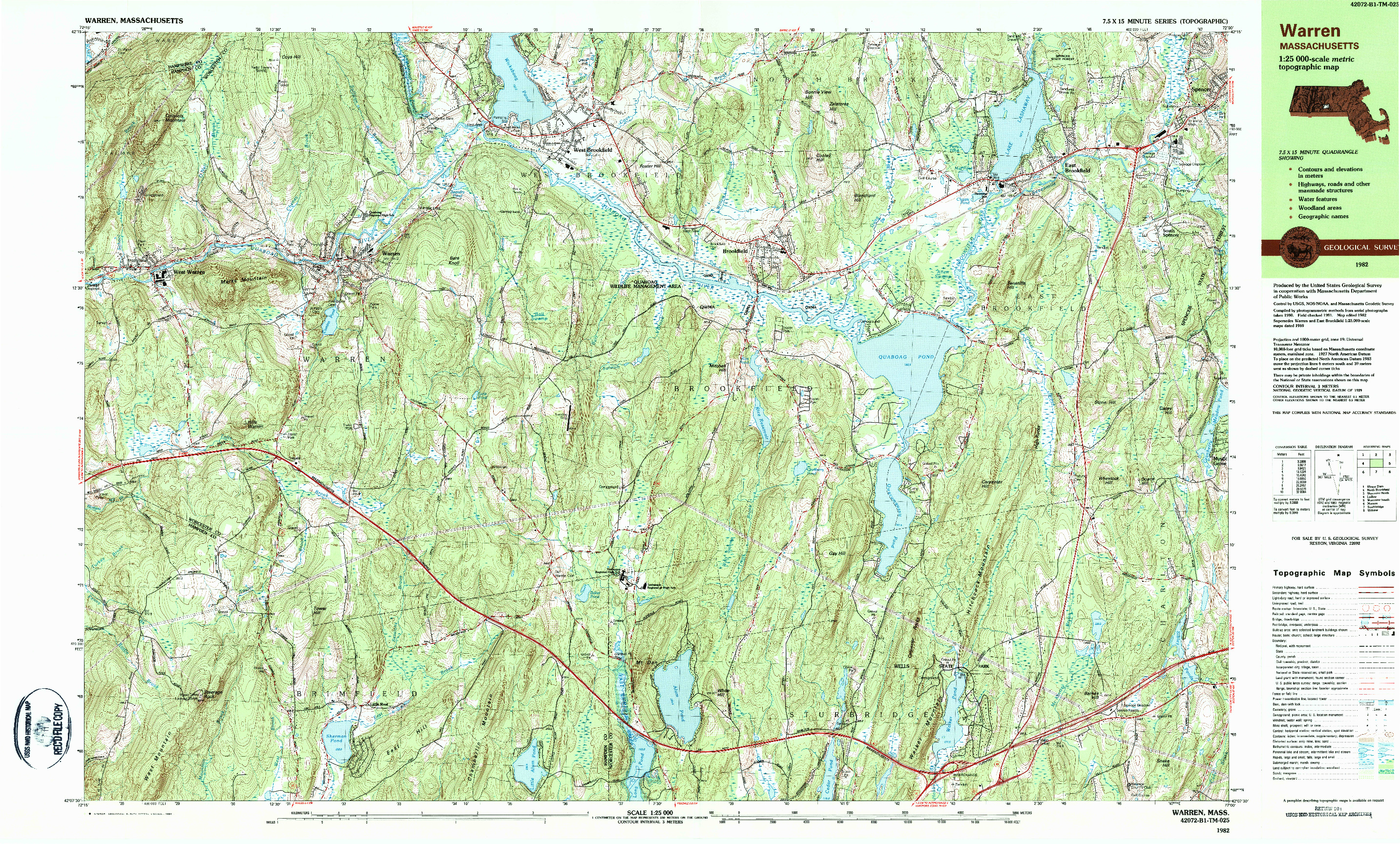 USGS 1:25000-SCALE QUADRANGLE FOR WARREN, MA 1982