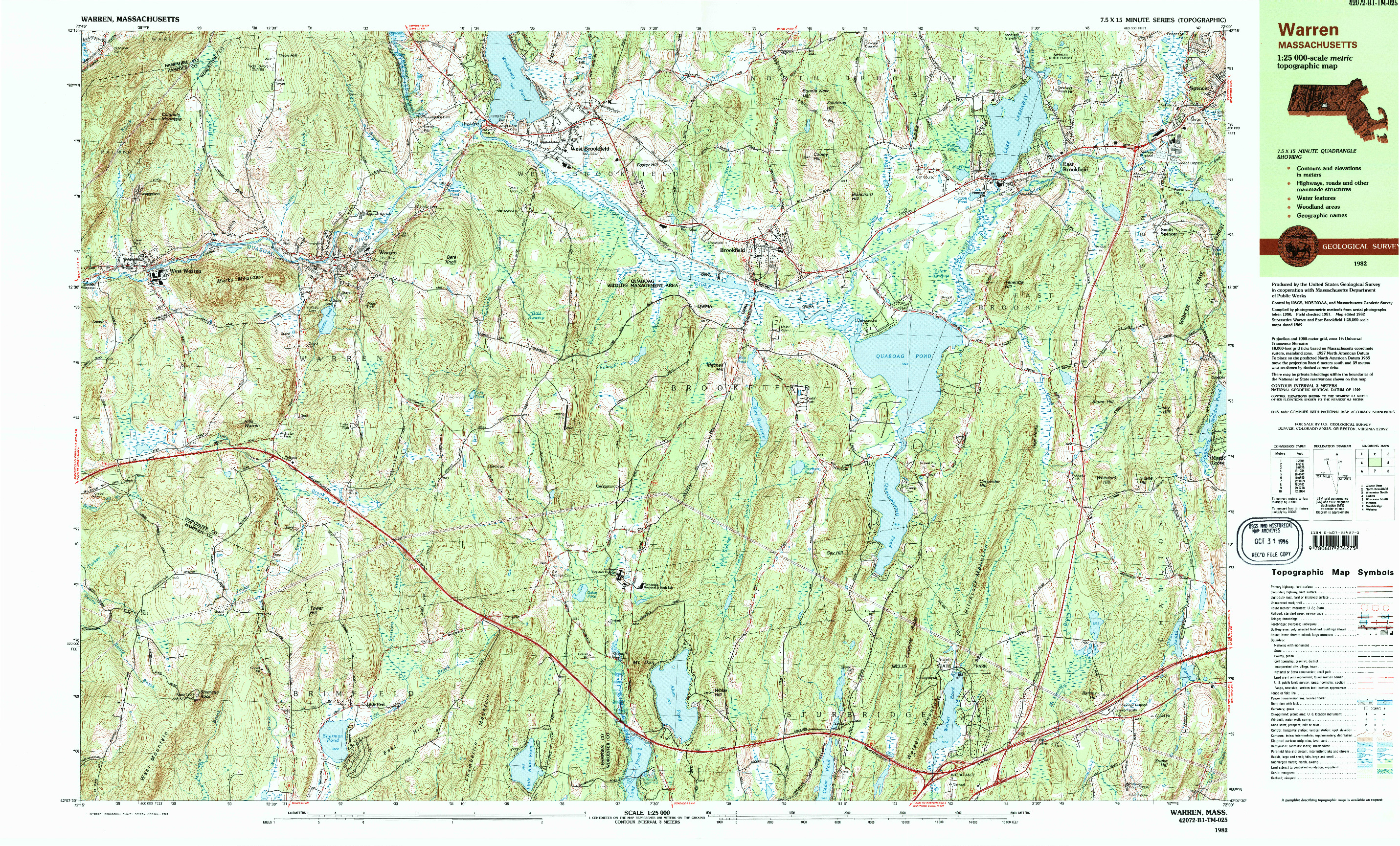 USGS 1:25000-SCALE QUADRANGLE FOR WARREN, MA 1982