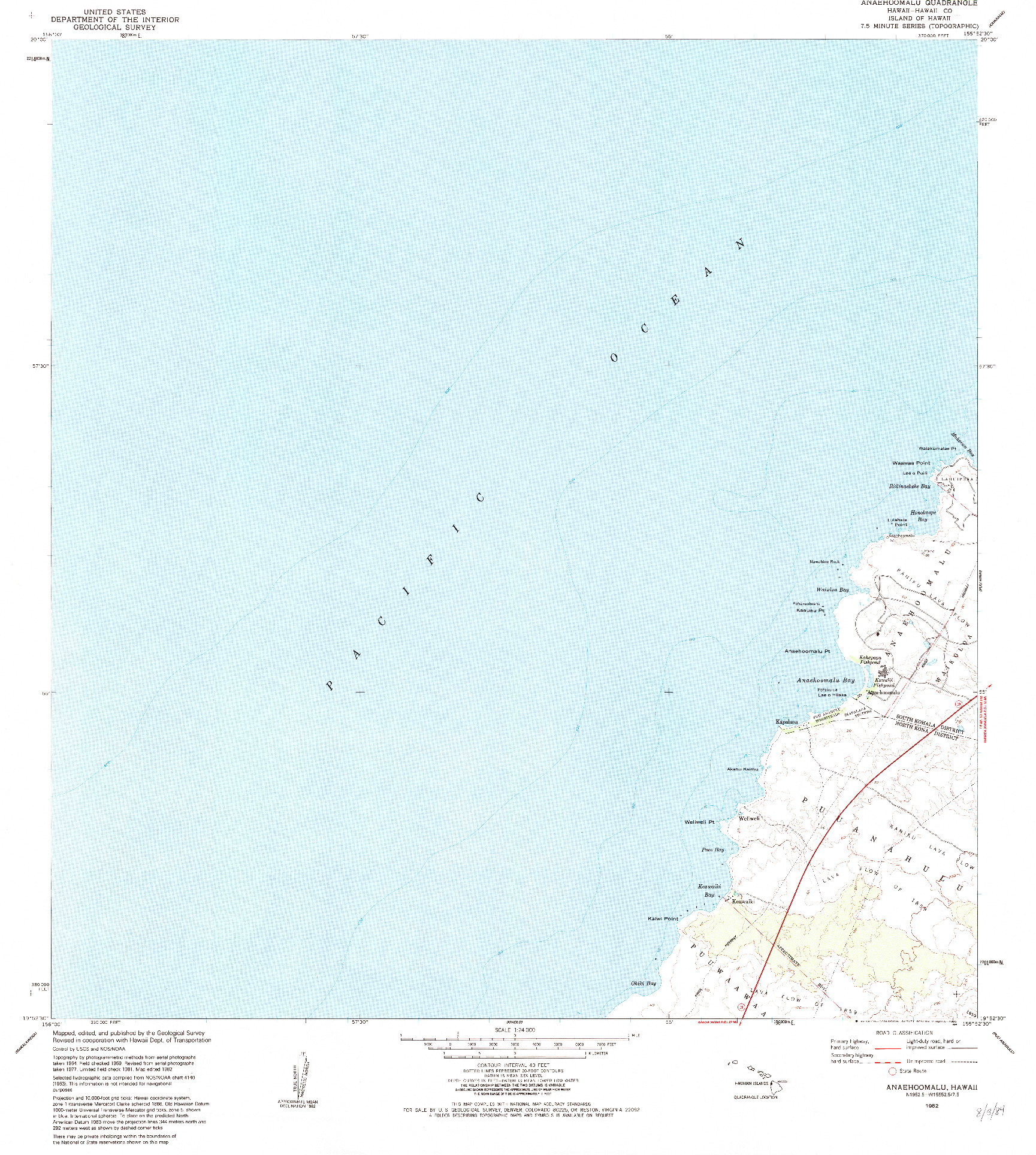 USGS 1:24000-SCALE QUADRANGLE FOR ANAEHOOMALU, HI 1982