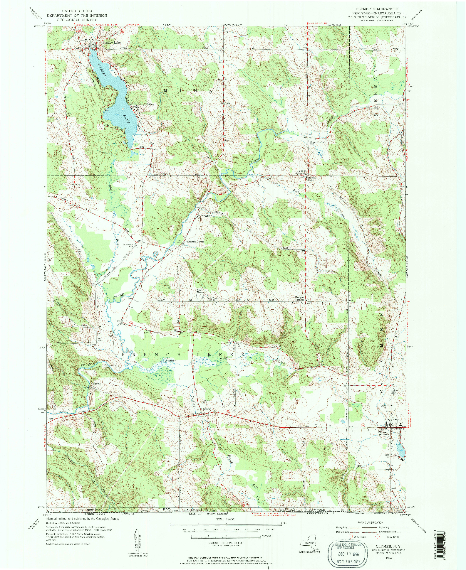 USGS 1:24000-SCALE QUADRANGLE FOR CLYMER, NY 1954