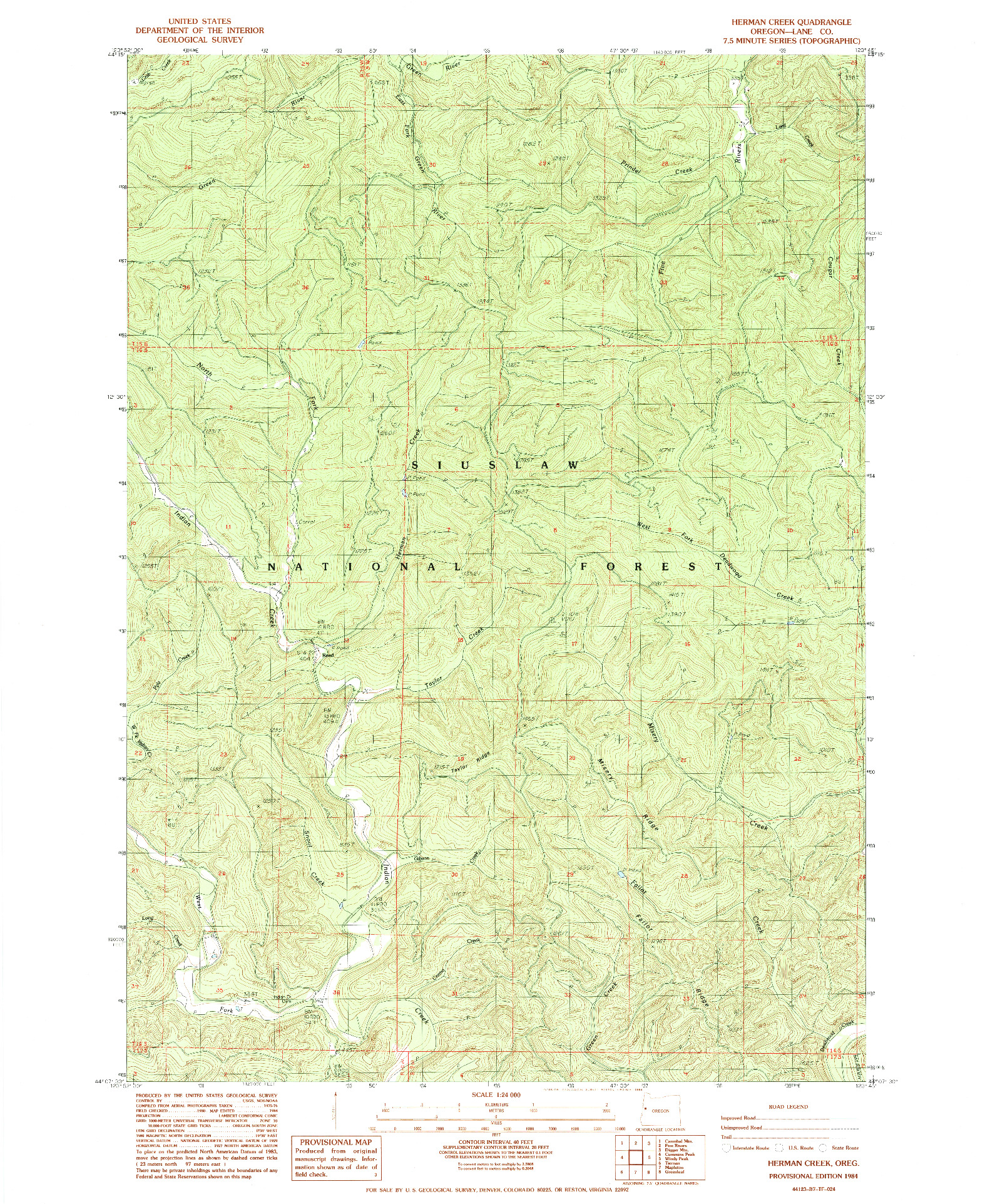 USGS 1:24000-SCALE QUADRANGLE FOR HERMAN CREEK, OR 1984