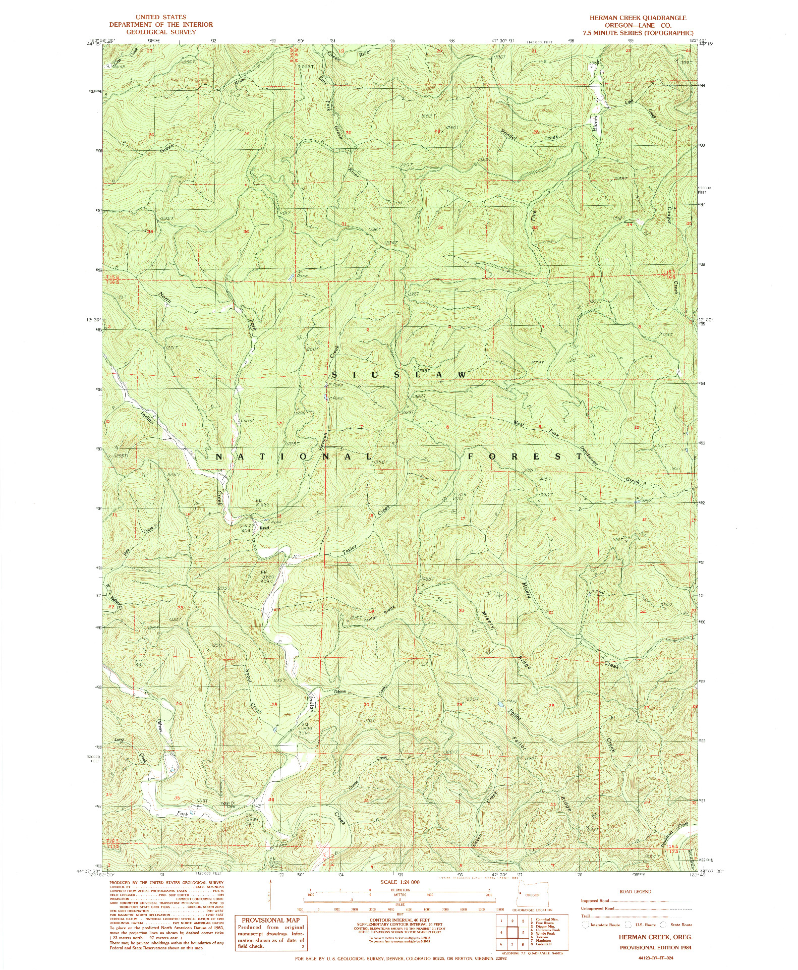 USGS 1:24000-SCALE QUADRANGLE FOR HERMAN CREEK, OR 1984