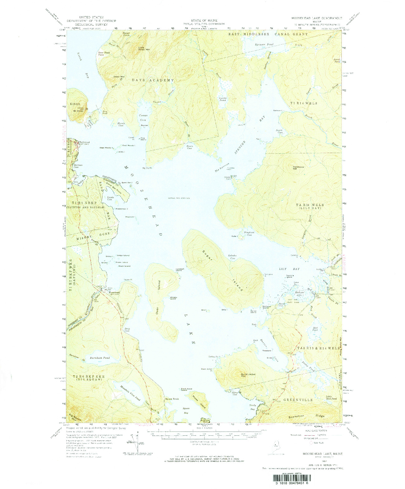 USGS 1:62500-SCALE QUADRANGLE FOR MOOSEHEAD LAKE, ME 1957