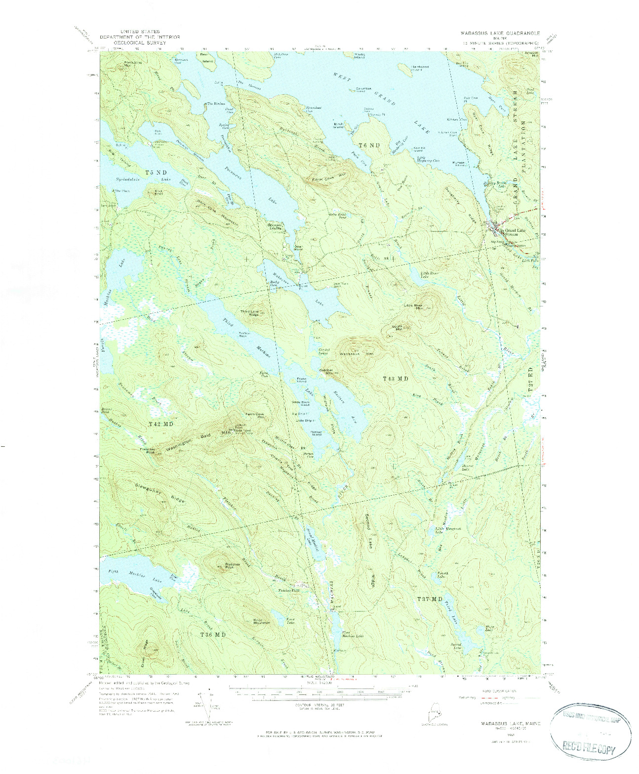 USGS 1:62500-SCALE QUADRANGLE FOR WABASSUS LAKE, ME 1953