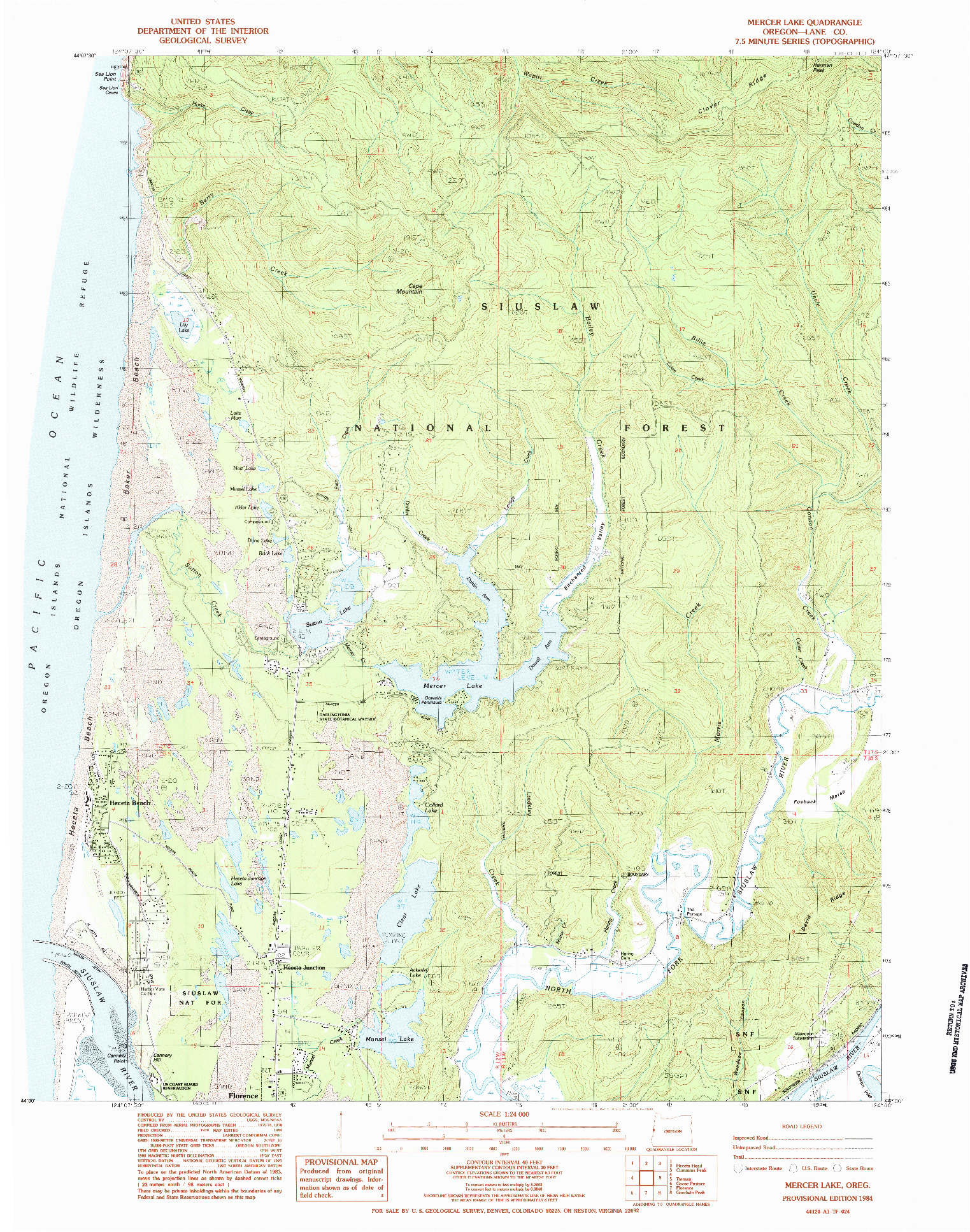 USGS 1:24000-SCALE QUADRANGLE FOR MERCER LAKE, OR 1984