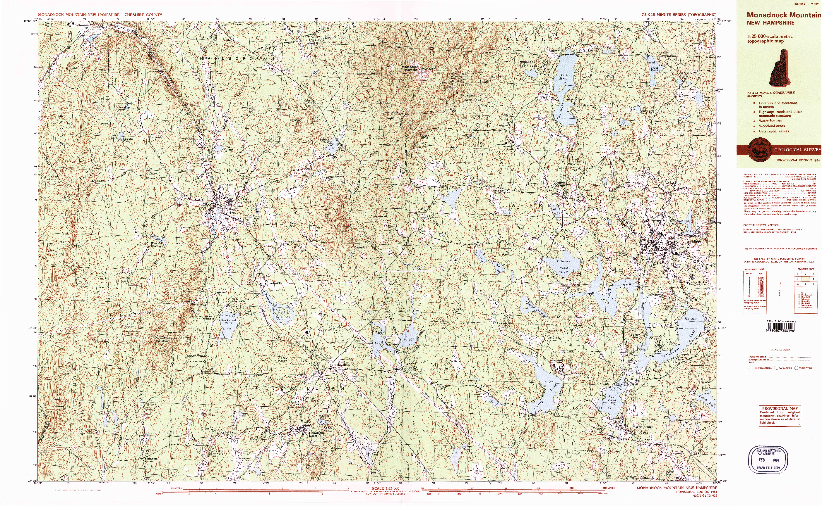 USGS 1:25000-SCALE QUADRANGLE FOR MONADNOCK MOUNTAIN, NH 1984