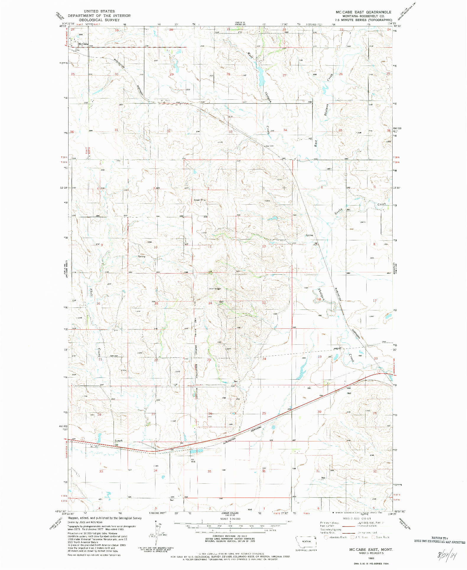 USGS 1:24000-SCALE QUADRANGLE FOR MC CABE EAST, MT 1983