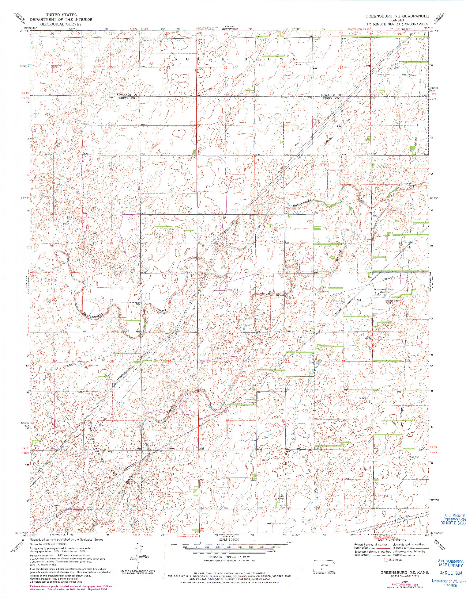 USGS 1:24000-SCALE QUADRANGLE FOR GREENSBURG NE, KS 1969