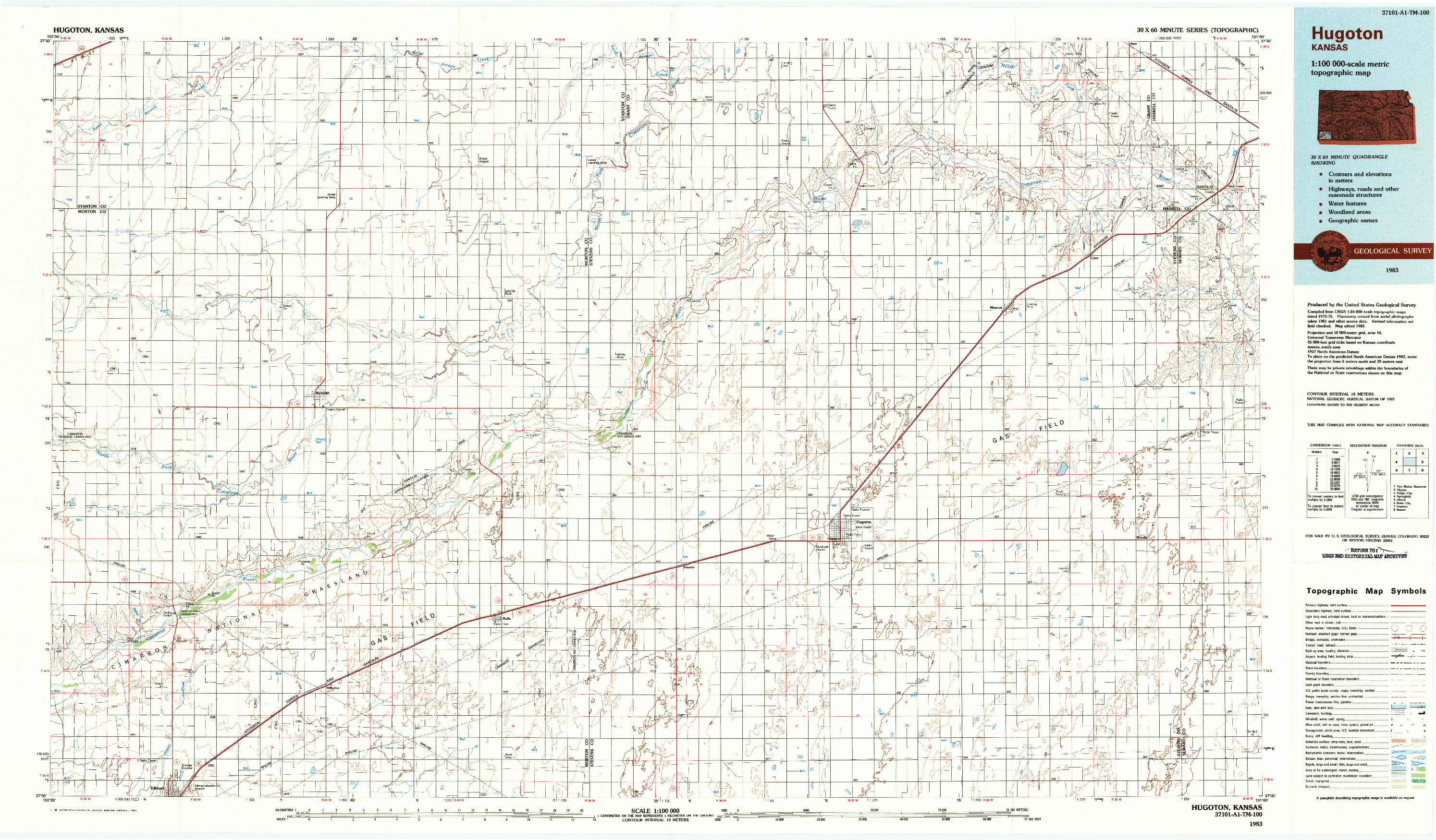 USGS 1:100000-SCALE QUADRANGLE FOR HUGOTON, KS 1983