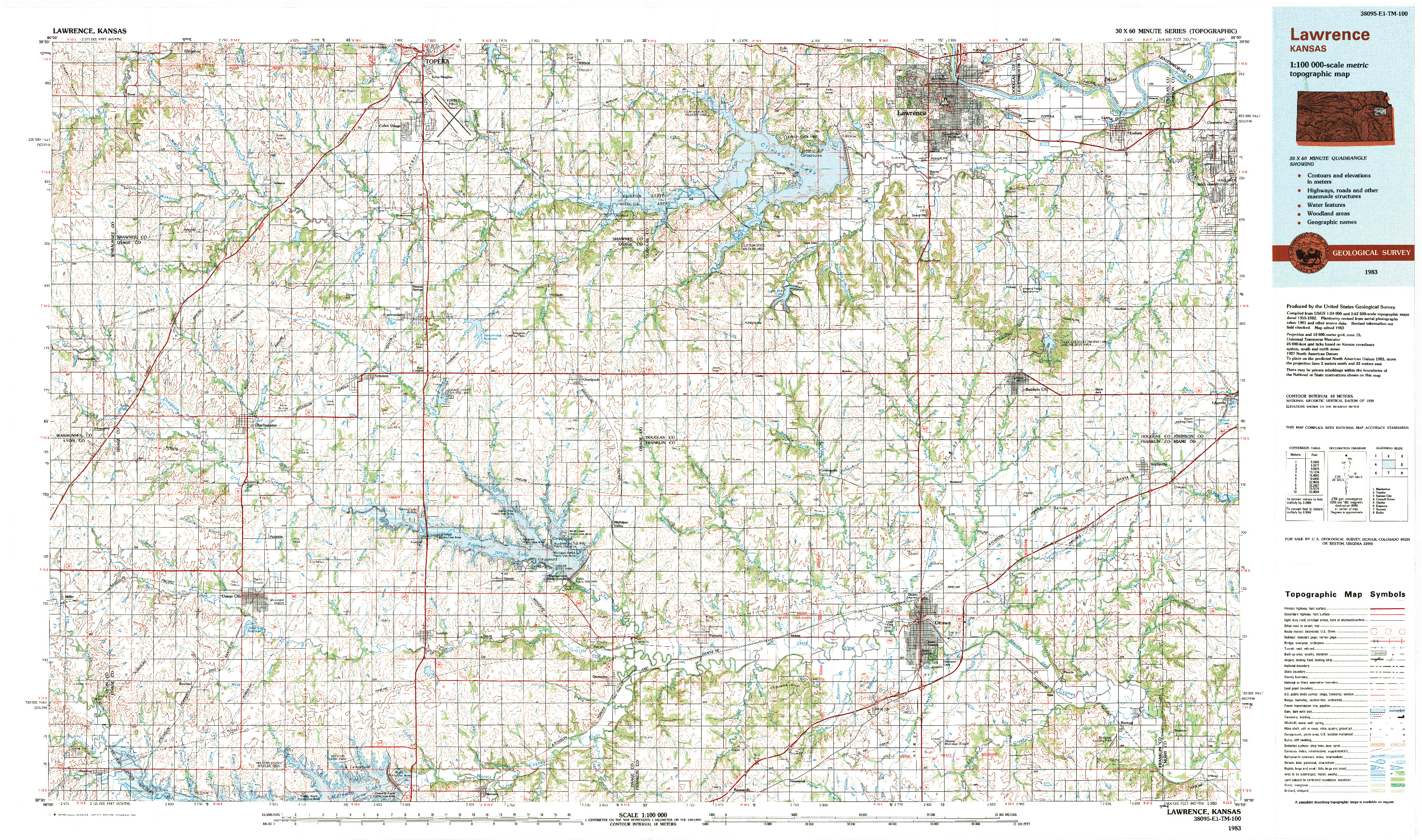 USGS 1:100000-SCALE QUADRANGLE FOR LAWRENCE, KS 1983