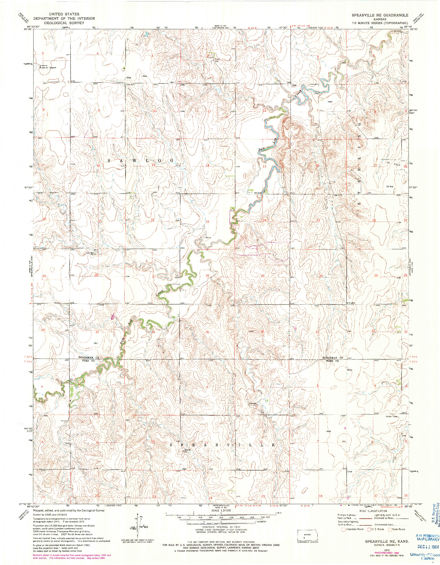 USGS 1:24000-SCALE QUADRANGLE FOR SPEARVILLE NE, KS 1972
