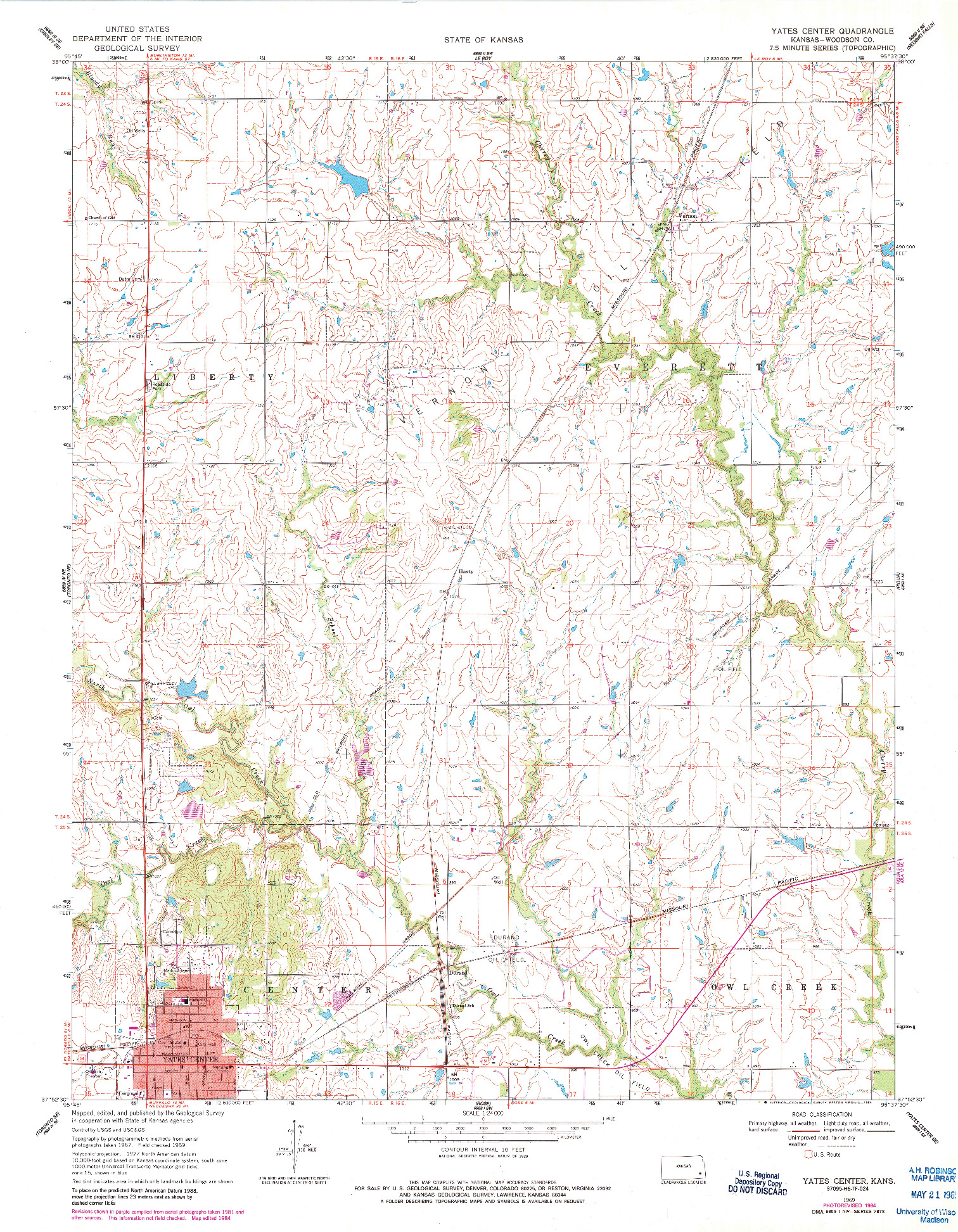 USGS 1:24000-SCALE QUADRANGLE FOR YATES CENTER, KS 1969