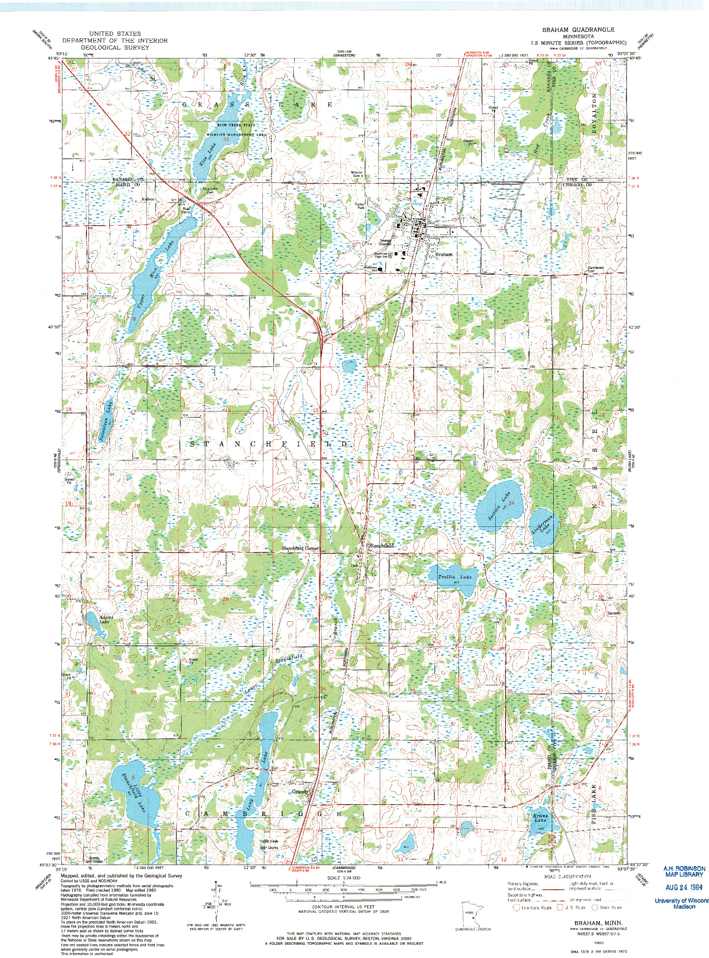 USGS 1:24000-SCALE QUADRANGLE FOR BRAHAM, MN 1983