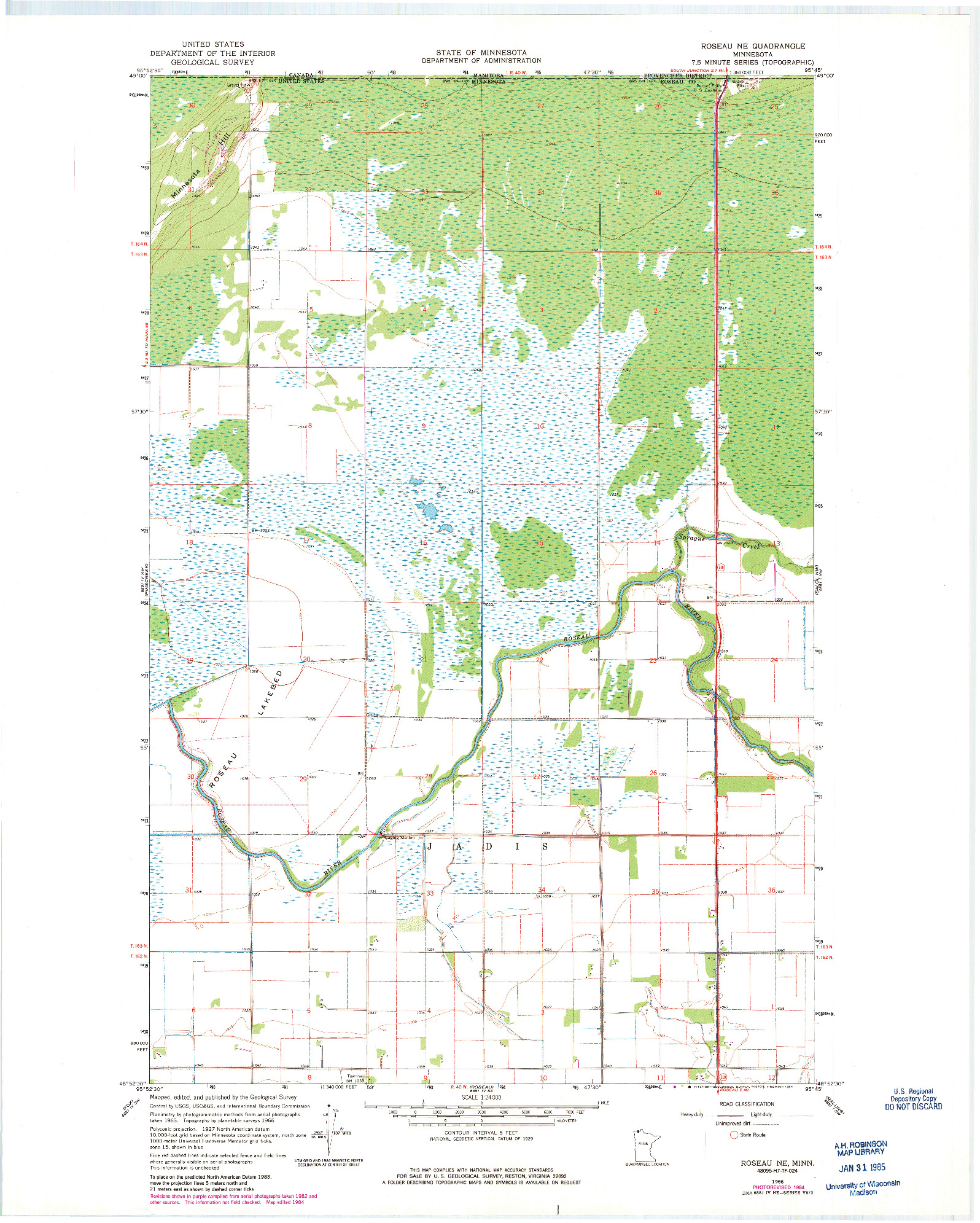 USGS 1:24000-SCALE QUADRANGLE FOR ROSEAU NE, MN 1966