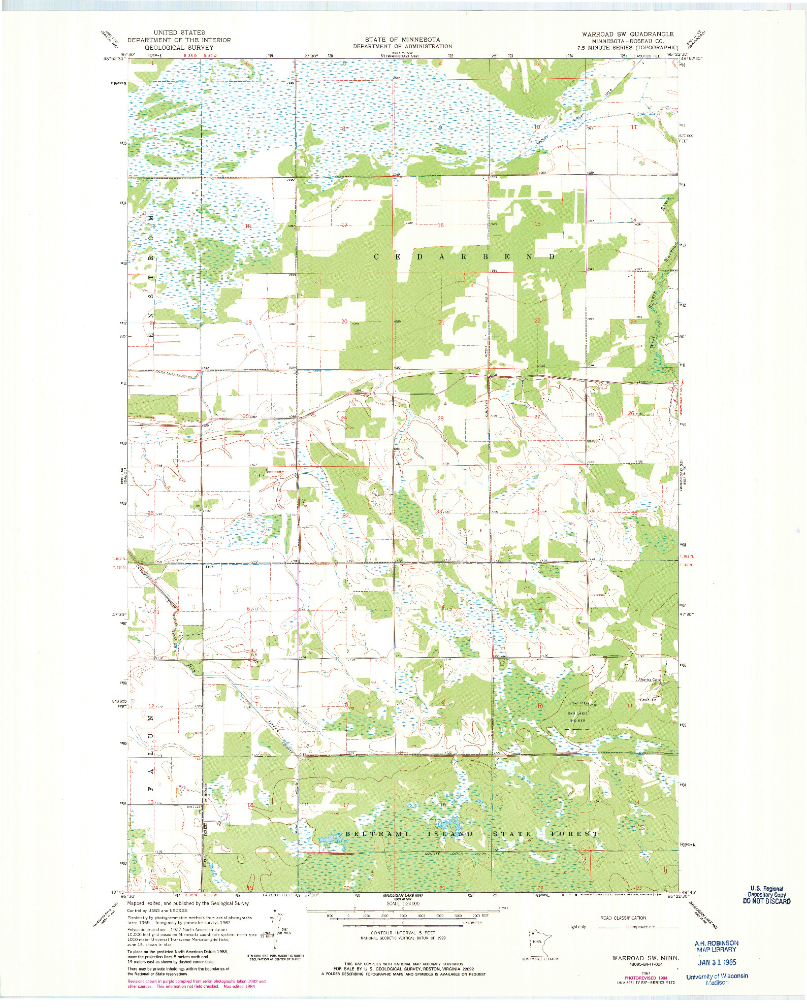 USGS 1:24000-SCALE QUADRANGLE FOR WARROAD SW, MN 1967