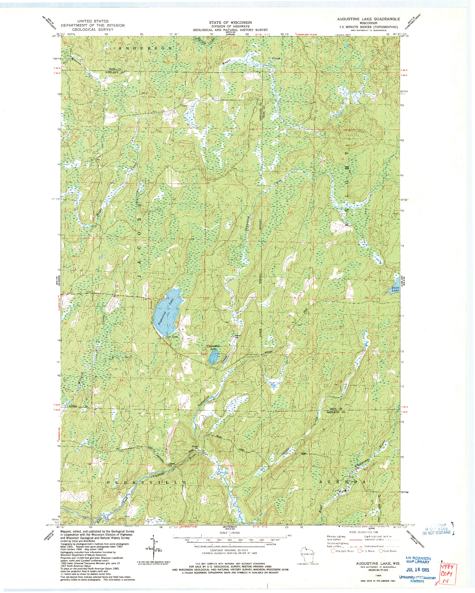 USGS 1:24000-SCALE QUADRANGLE FOR AUGUSTINE LAKE, WI 1984