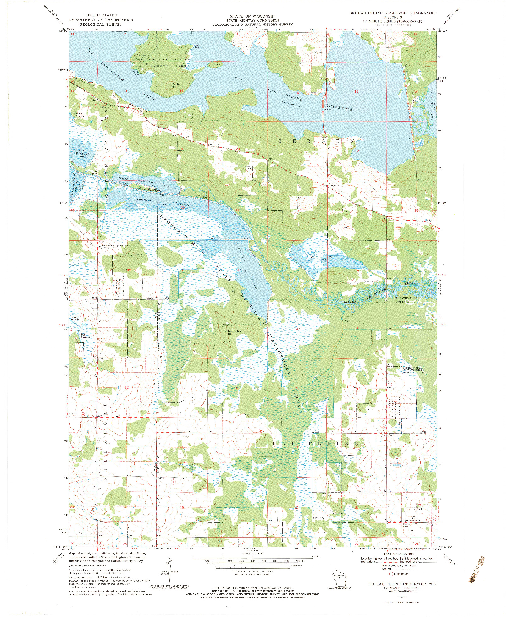 USGS 1:24000-SCALE QUADRANGLE FOR BIG EAU PLEINE RESERVOIR, WI 1970