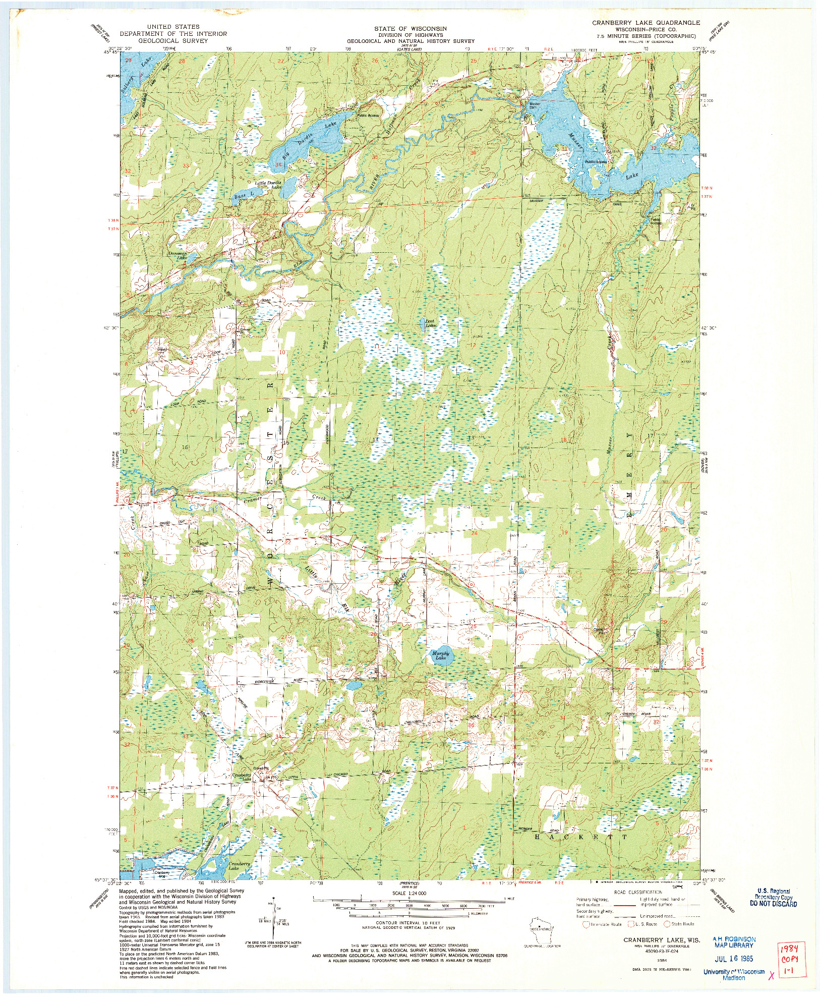 USGS 1:24000-SCALE QUADRANGLE FOR CRANBERRY LAKE, WI 1984