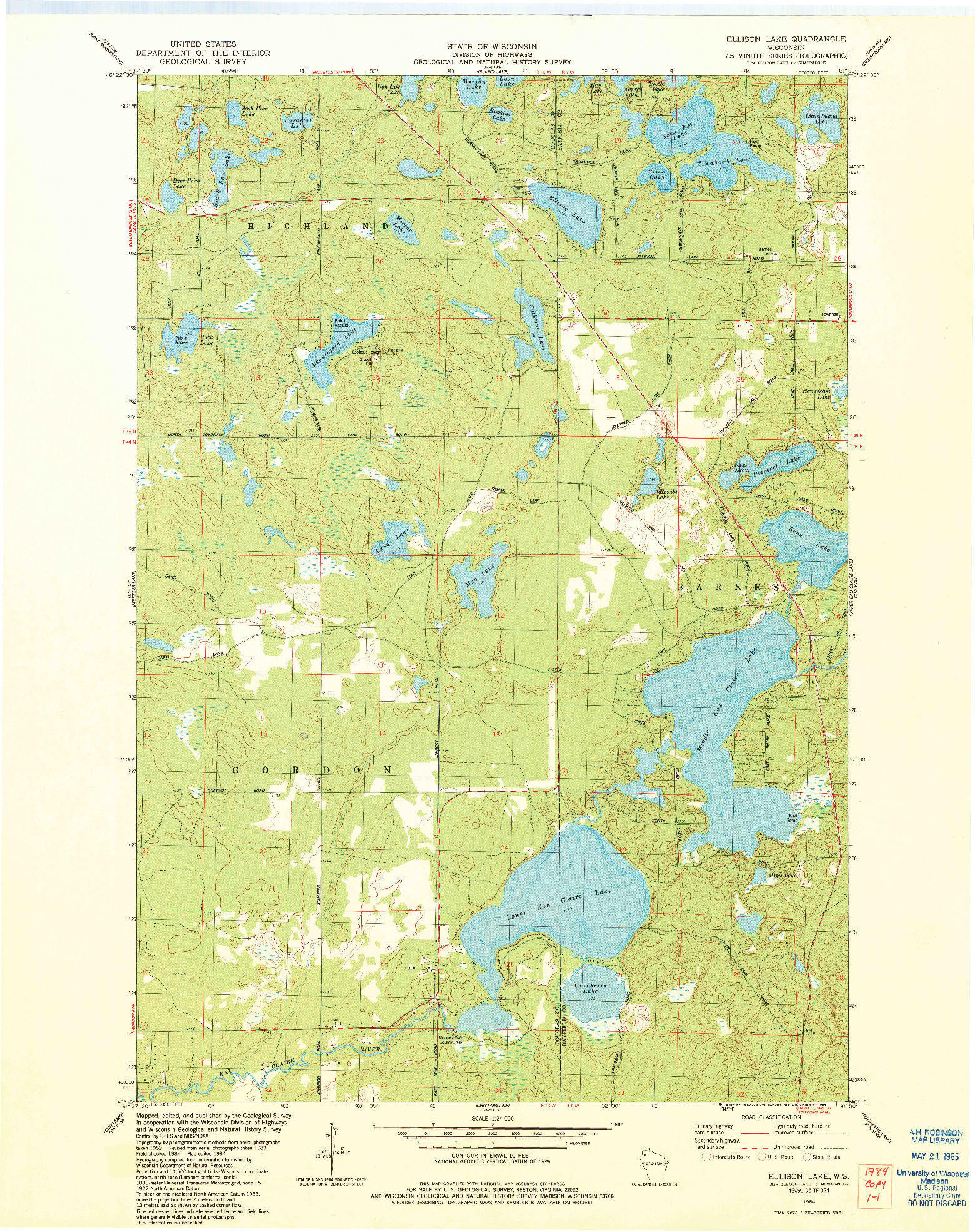 USGS 1:24000-SCALE QUADRANGLE FOR ELLISON LAKE, WI 1984