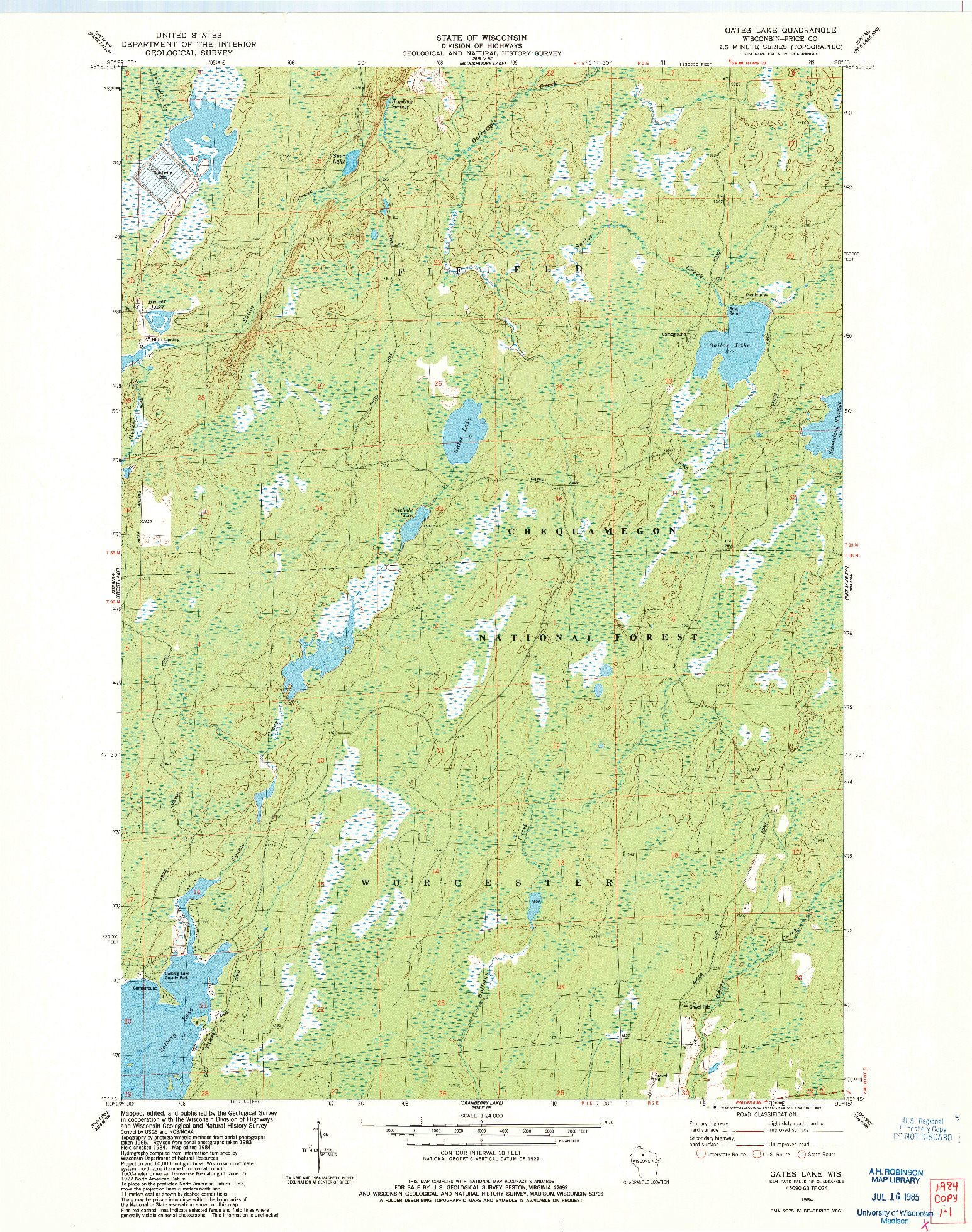 USGS 1:24000-SCALE QUADRANGLE FOR GATES LAKE, WI 1984