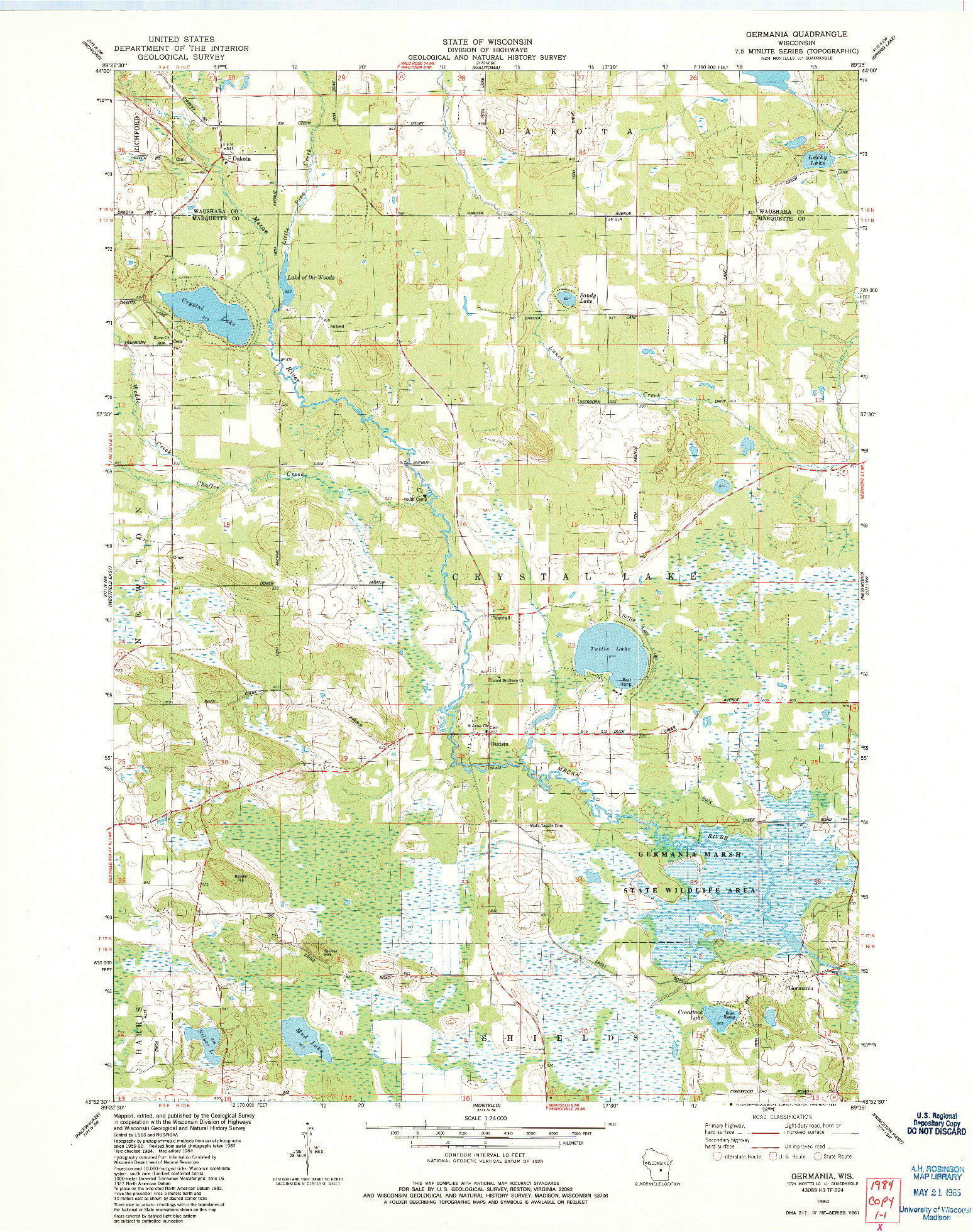USGS 1:24000-SCALE QUADRANGLE FOR GERMANIA, WI 1984
