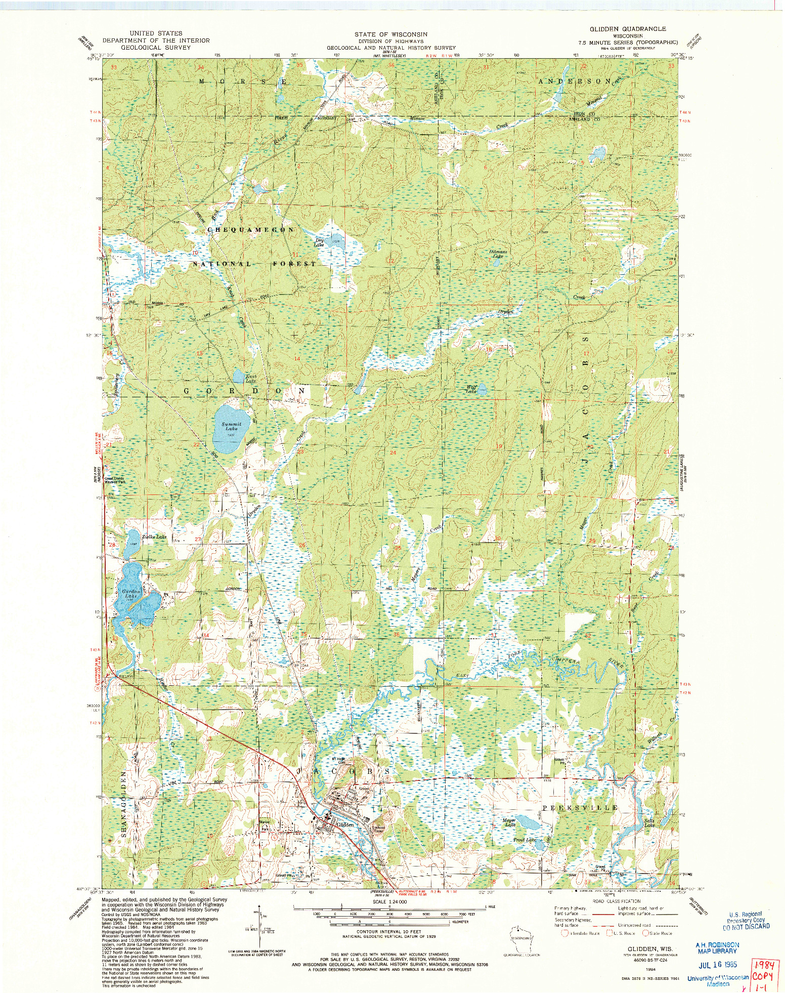 USGS 1:24000-SCALE QUADRANGLE FOR GLIDDEN, WI 1984