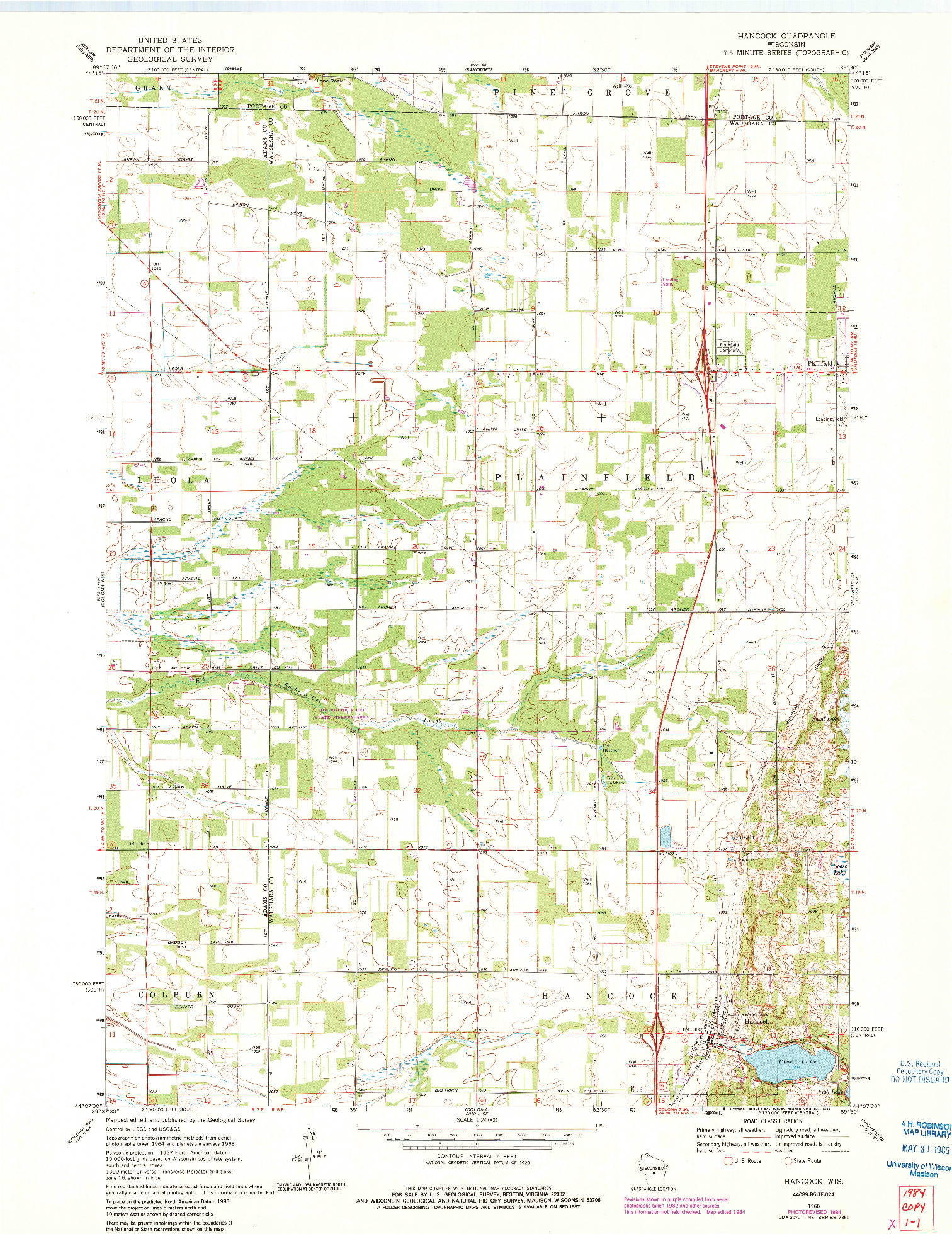 USGS 1:24000-SCALE QUADRANGLE FOR HANCOCK, WI 1968