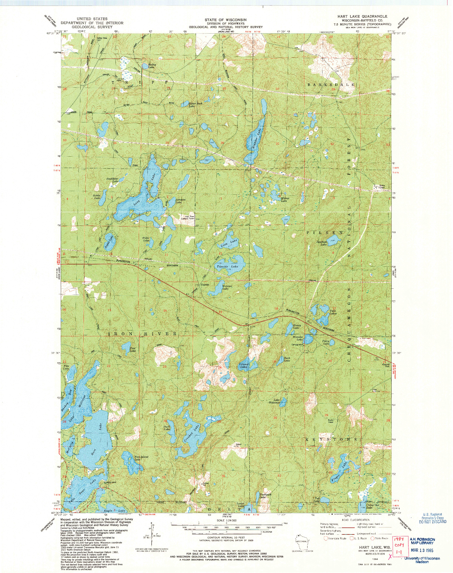 USGS 1:24000-SCALE QUADRANGLE FOR HART LAKE, WI 1984