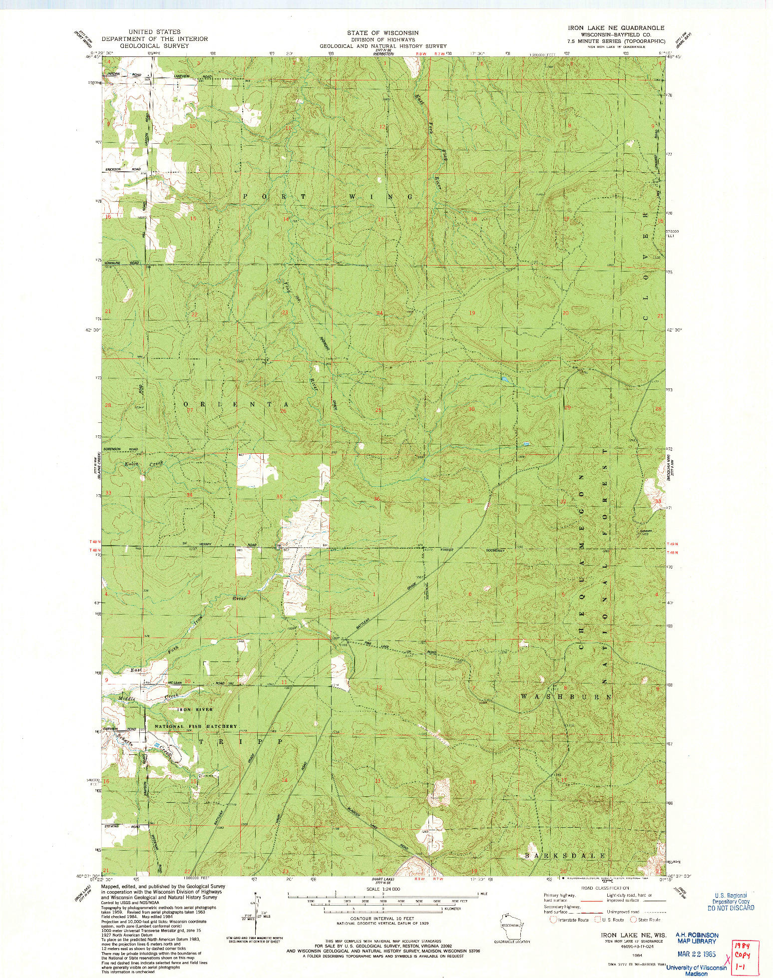 USGS 1:24000-SCALE QUADRANGLE FOR IRON LAKE NE, WI 1984
