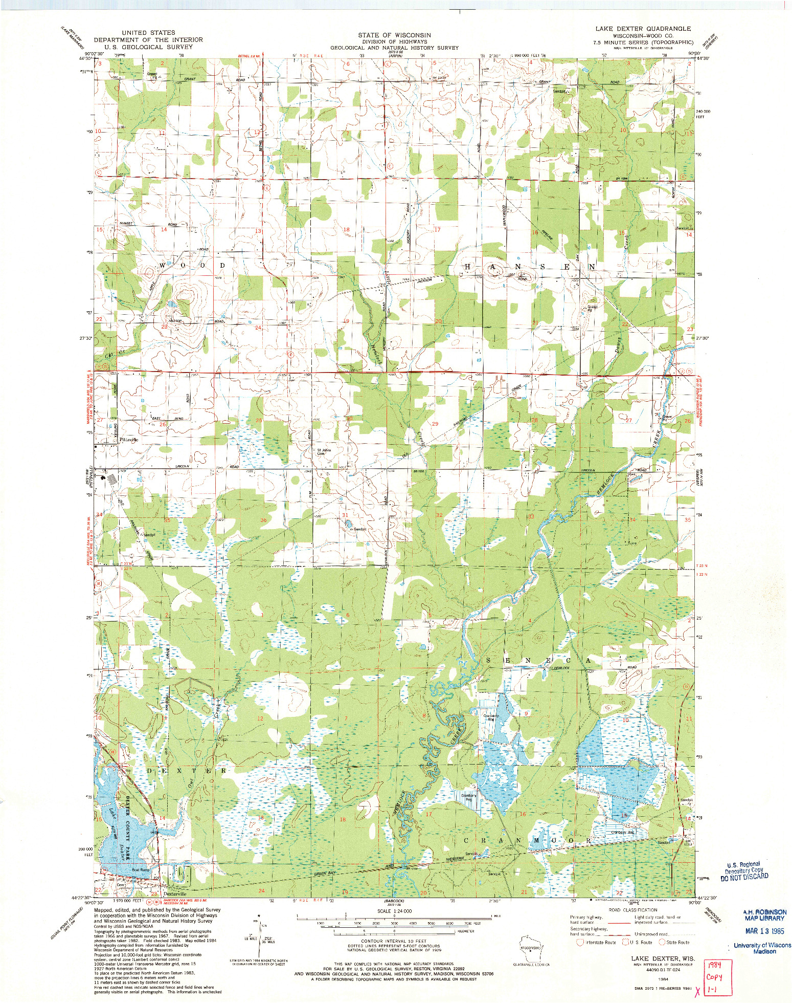 USGS 1:24000-SCALE QUADRANGLE FOR LAKE DEXTER, WI 1984