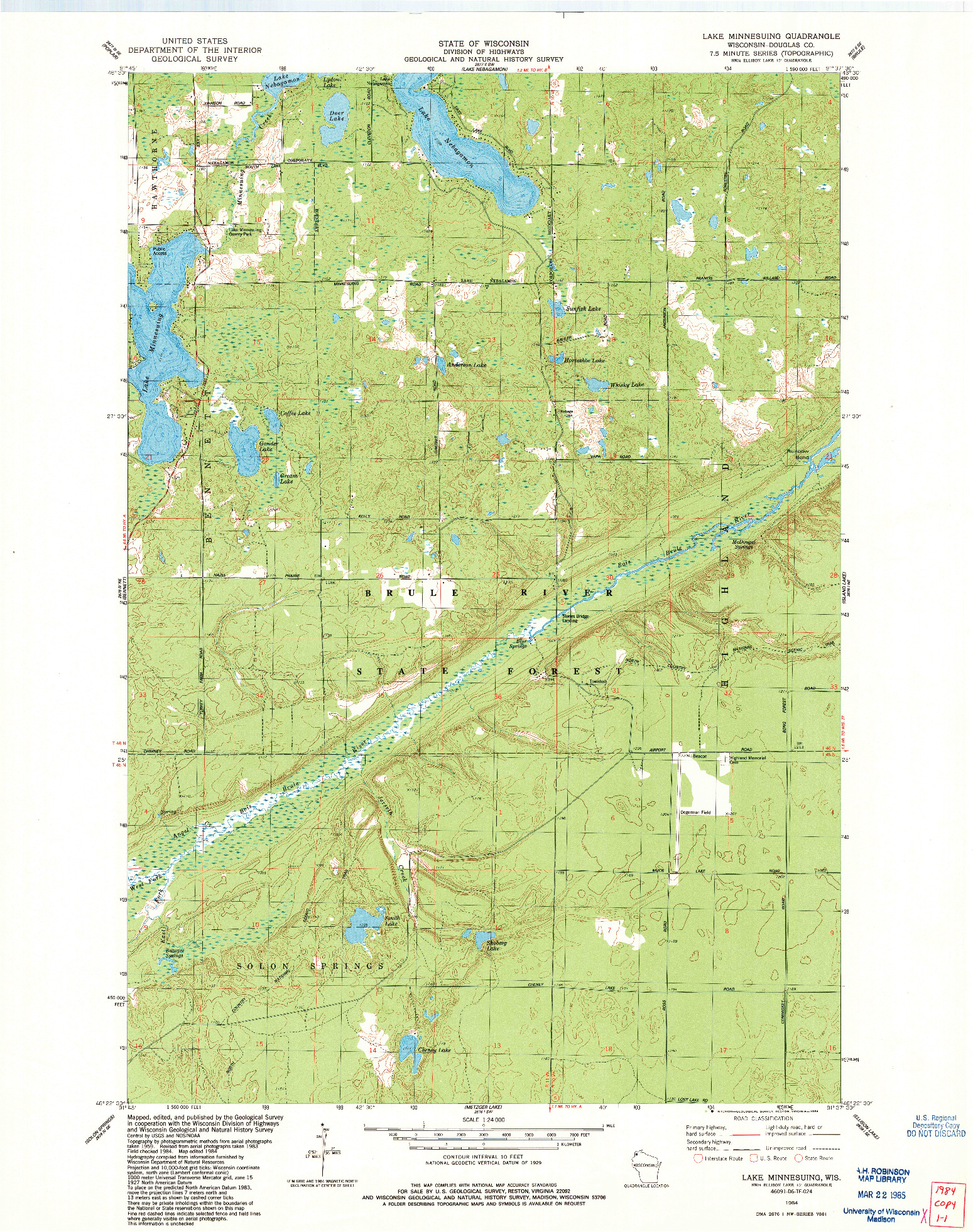 USGS 1:24000-SCALE QUADRANGLE FOR LAKE MINNESUING, WI 1984