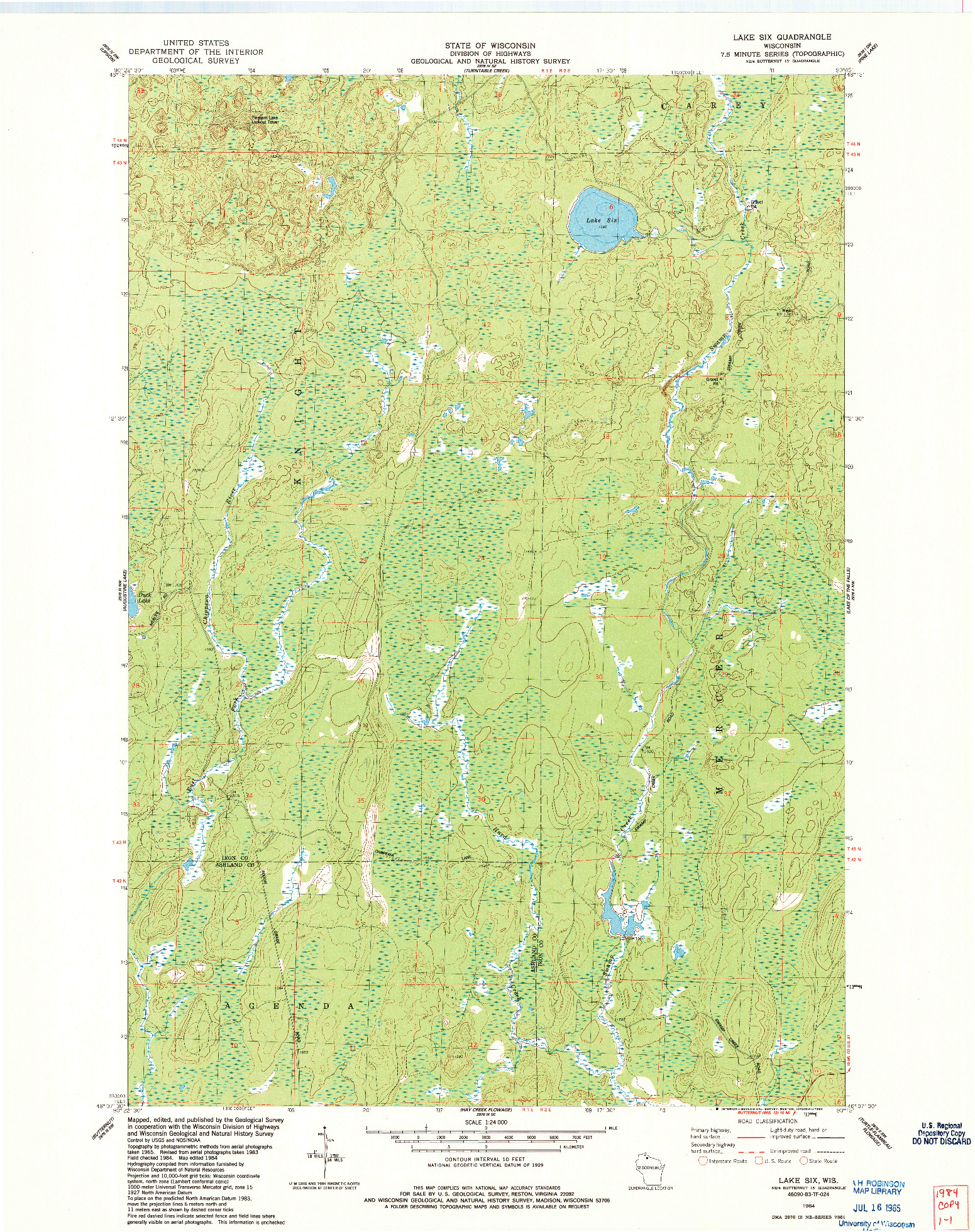 USGS 1:24000-SCALE QUADRANGLE FOR LAKE SIX, WI 1984
