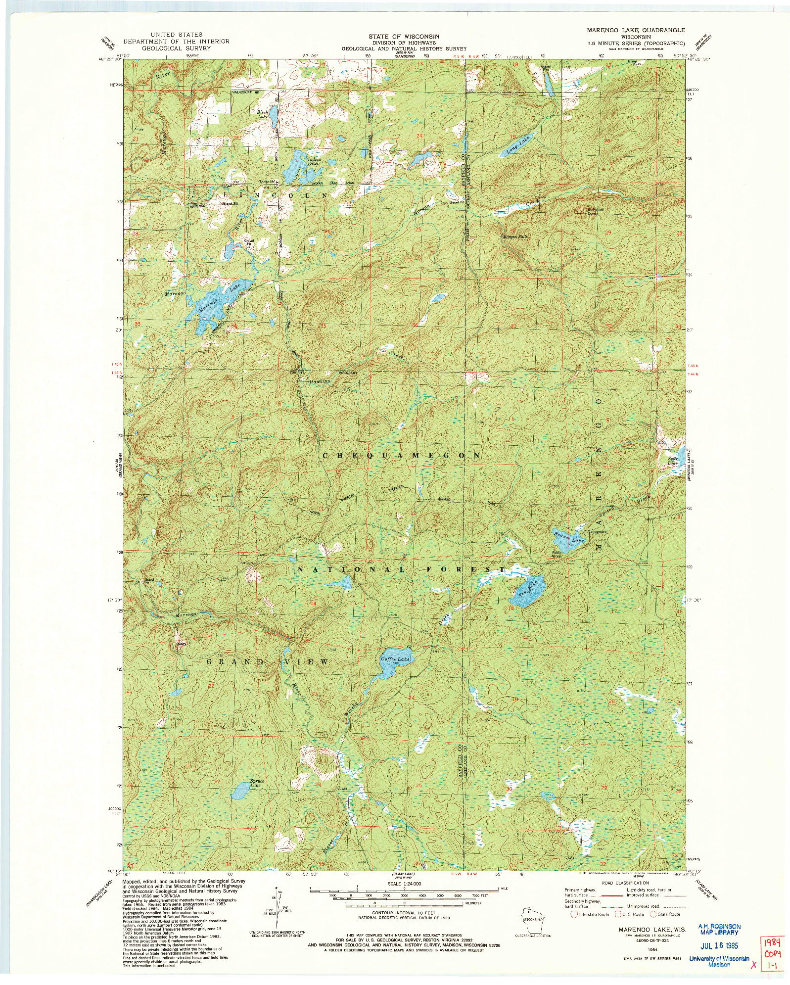 USGS 1:24000-SCALE QUADRANGLE FOR MARENGO LAKE, WI 1984