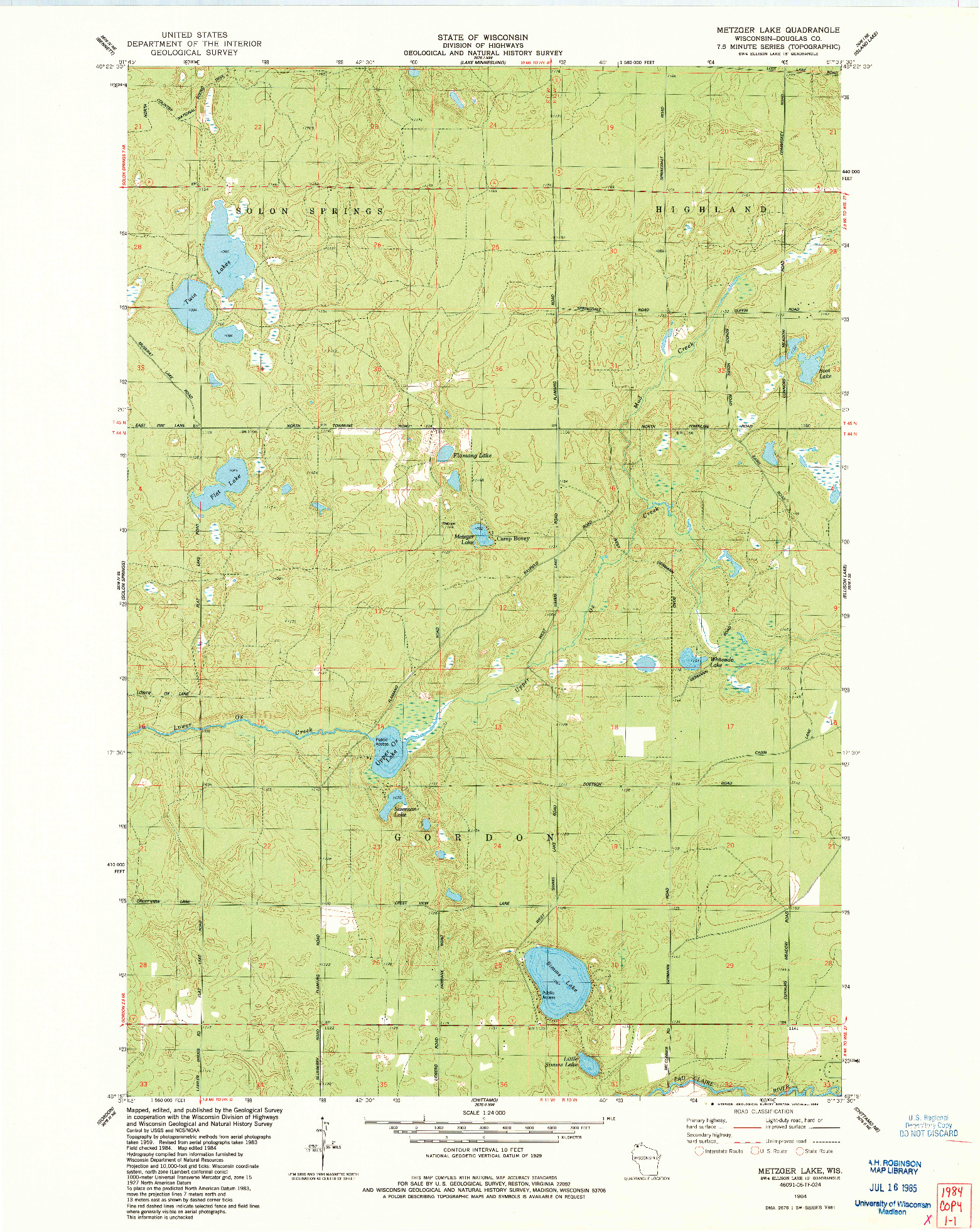 USGS 1:24000-SCALE QUADRANGLE FOR METZGER LAKE, WI 1984