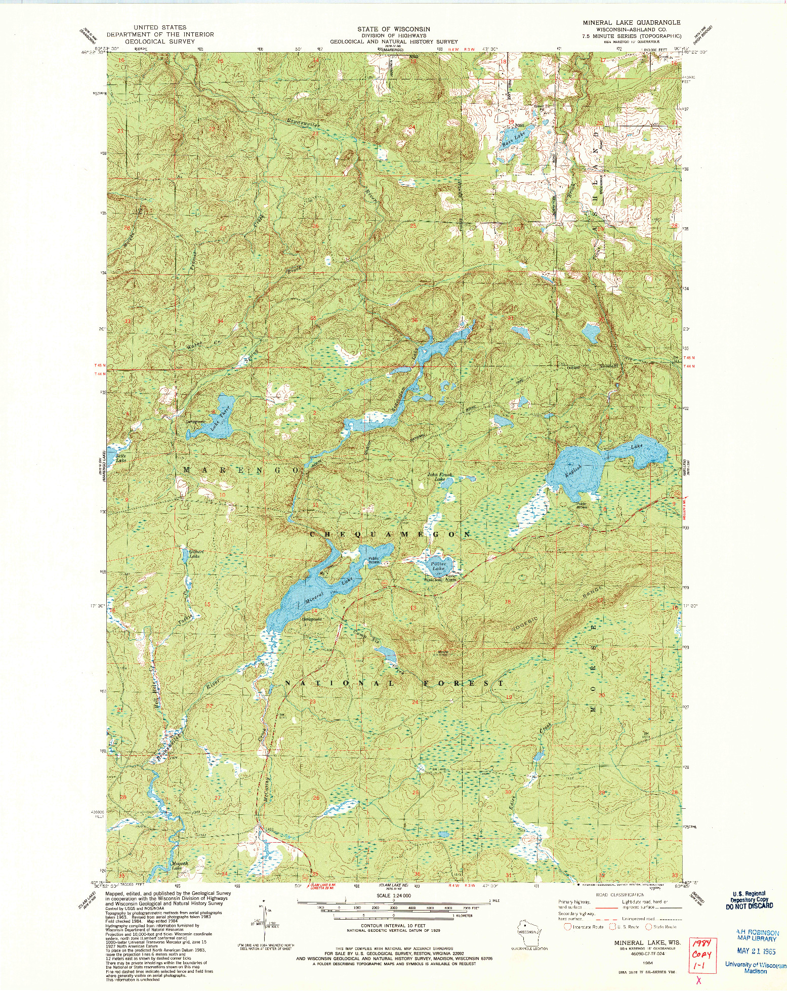 USGS 1:24000-SCALE QUADRANGLE FOR MINERAL LAKE, WI 1984