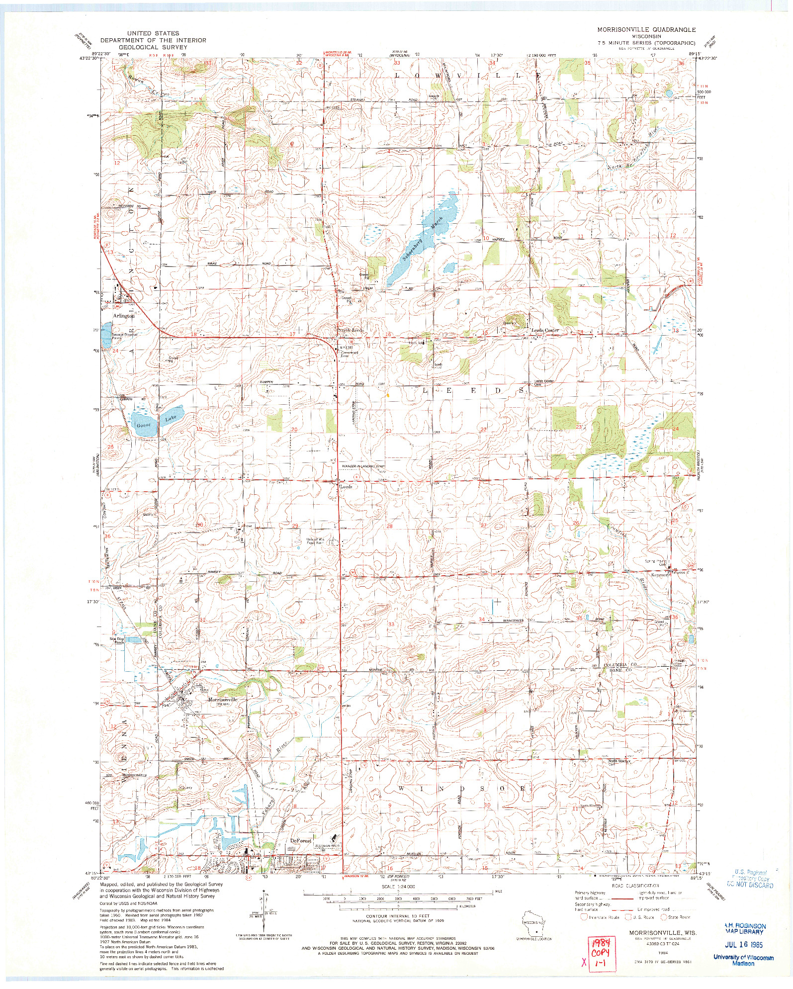 USGS 1:24000-SCALE QUADRANGLE FOR MORRISONVILLE, WI 1984