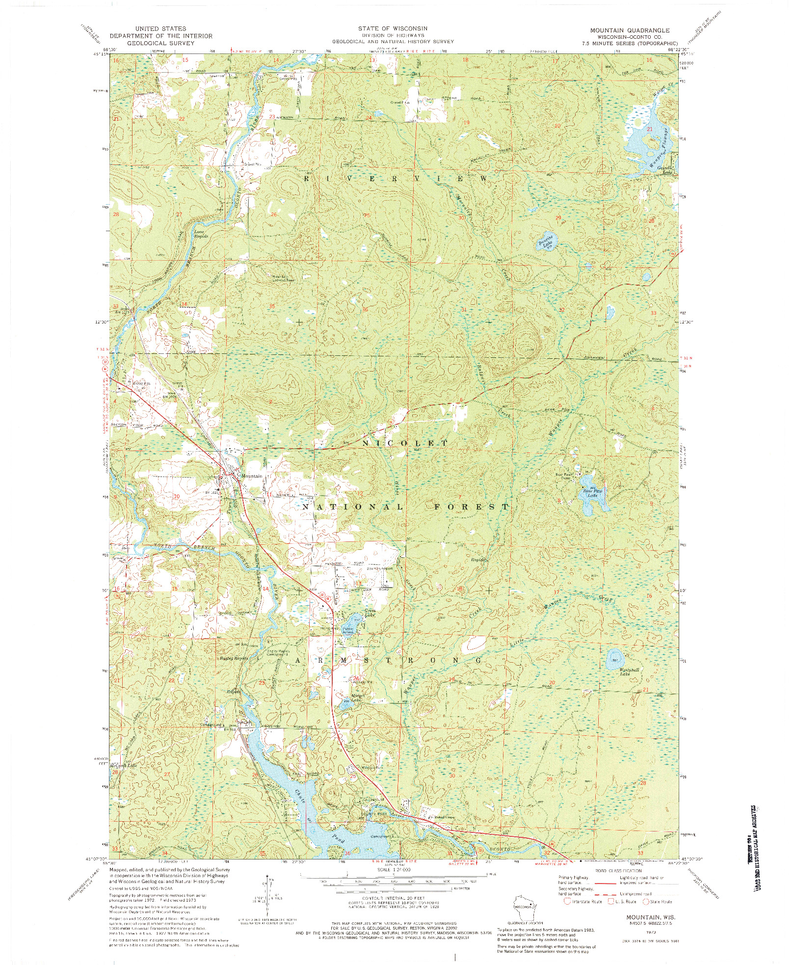 USGS 1:24000-SCALE QUADRANGLE FOR MOUNTAIN, WI 1973