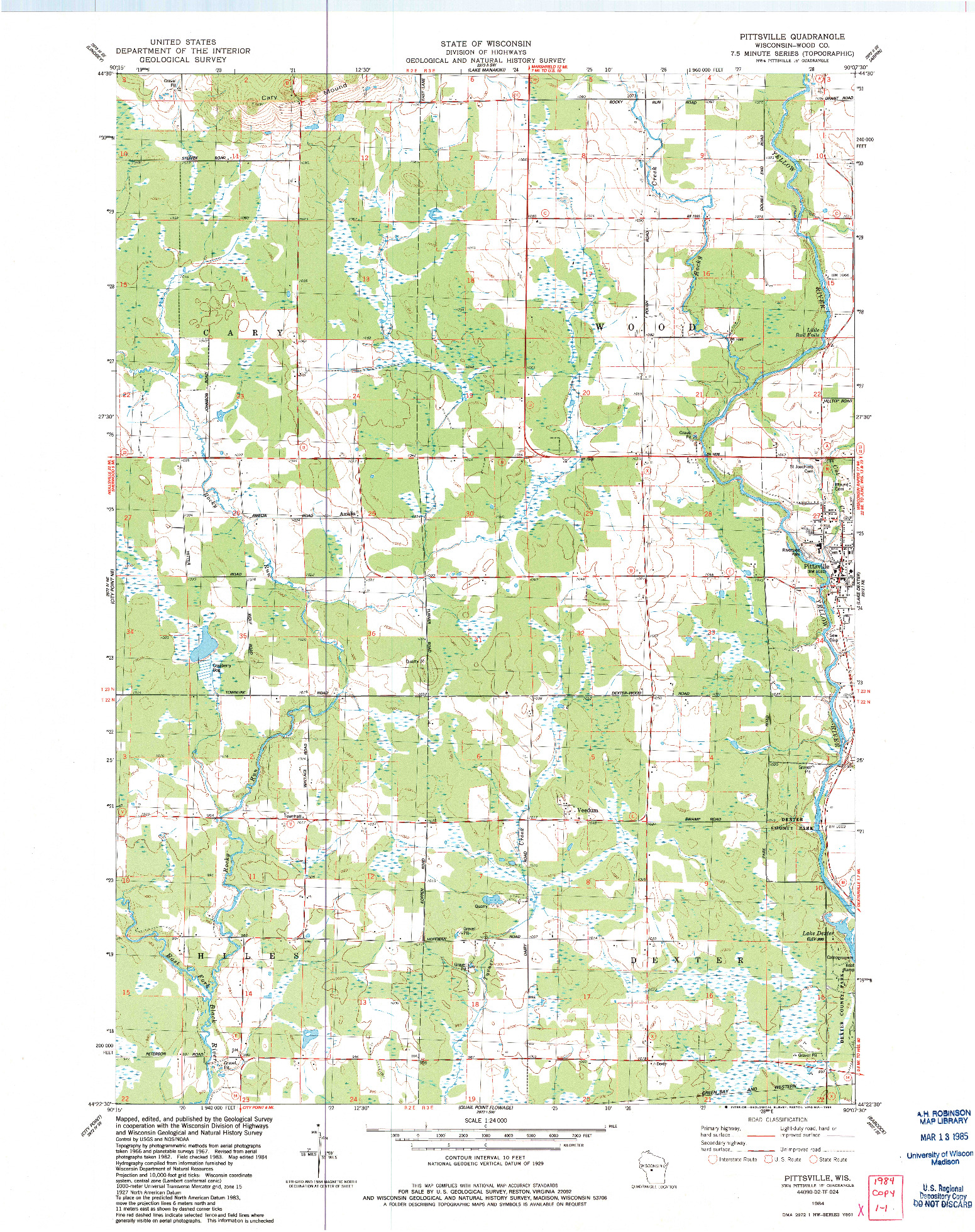USGS 1:24000-SCALE QUADRANGLE FOR PITTSVILLE, WI 1984