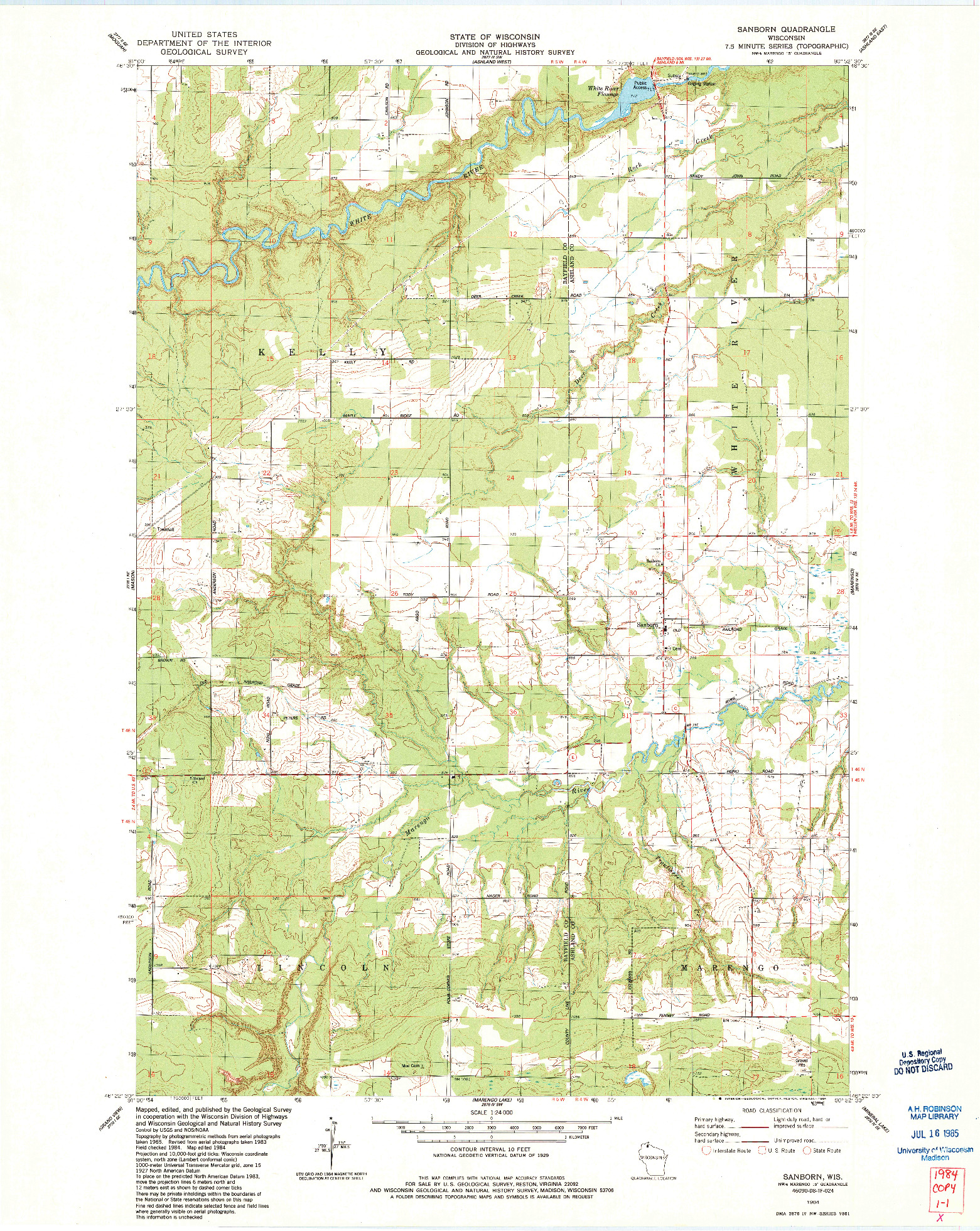USGS 1:24000-SCALE QUADRANGLE FOR SANBORN, WI 1984