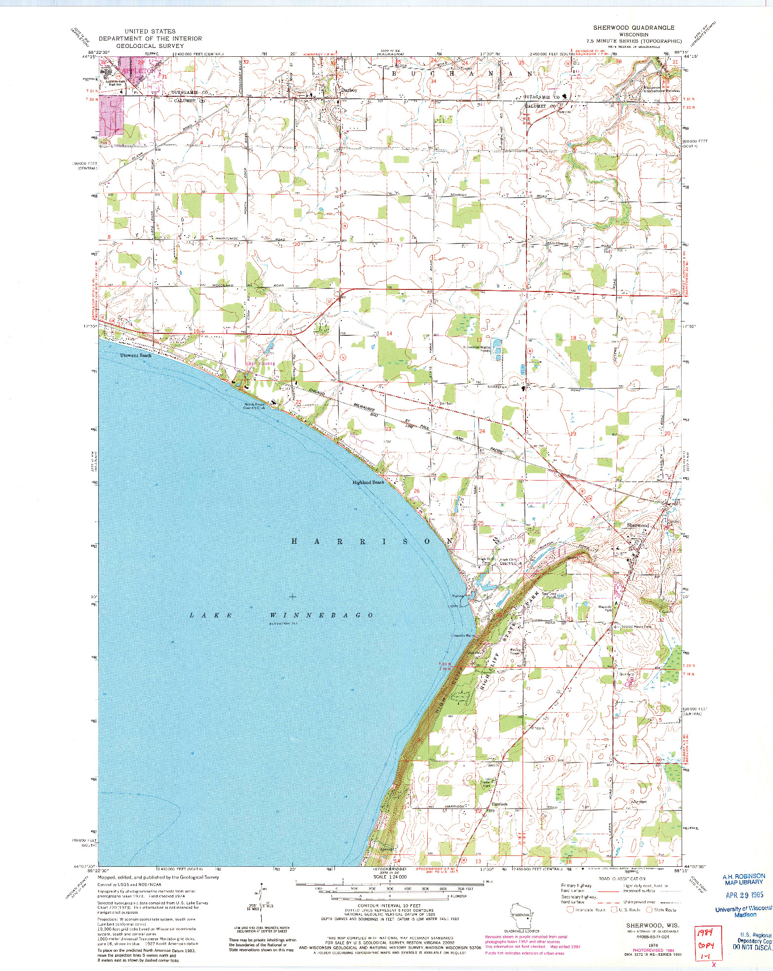 USGS 1:24000-SCALE QUADRANGLE FOR SHERWOOD, WI 1974