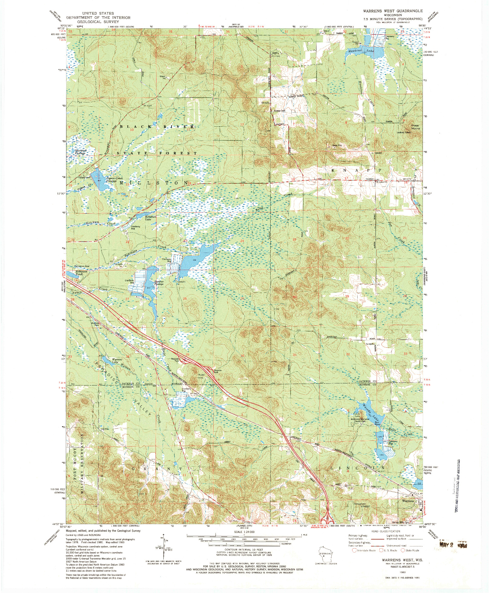 USGS 1:24000-SCALE QUADRANGLE FOR WARRENS WEST, WI 1983