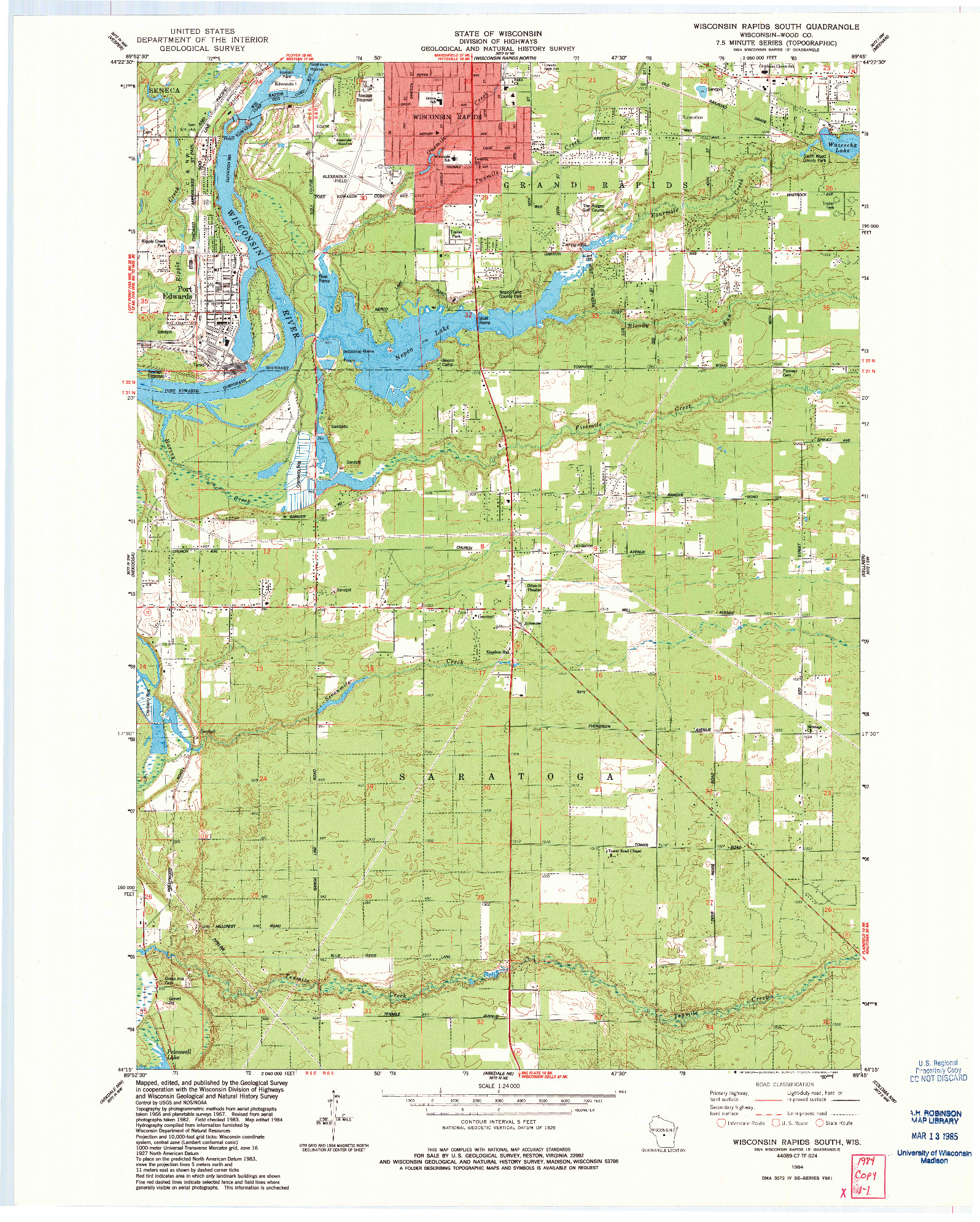 USGS 1:24000-SCALE QUADRANGLE FOR WISCONSIN RAPIDS SOUTH, WI 1984