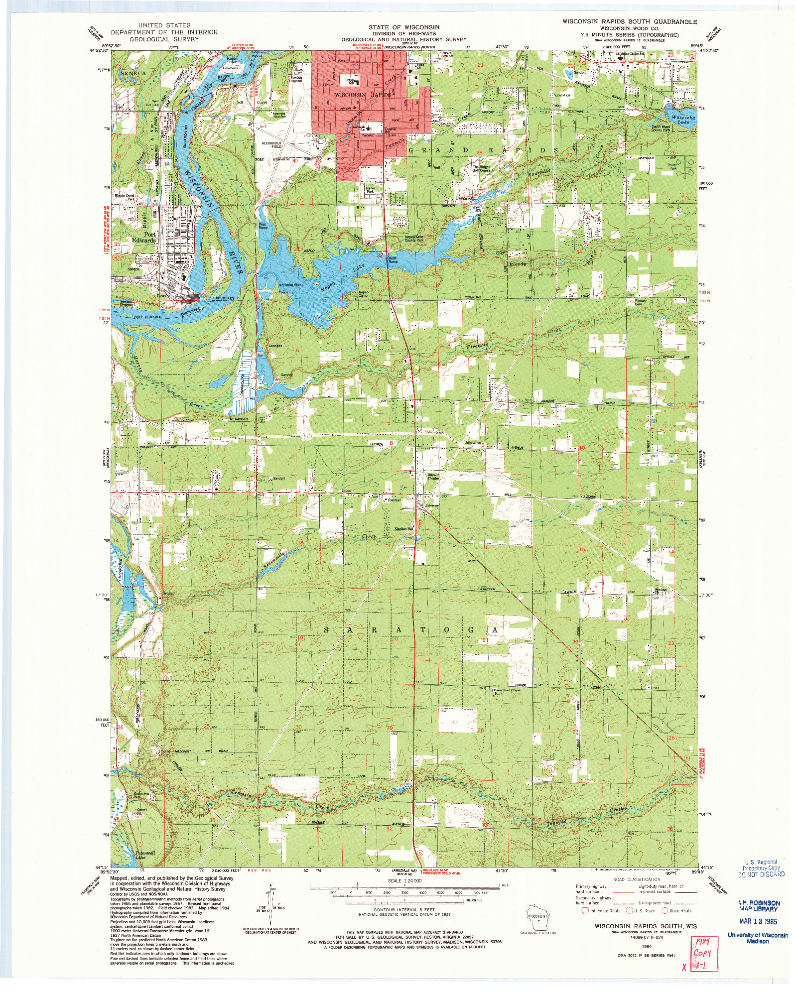 USGS 1:24000-SCALE QUADRANGLE FOR WISCONSIN RAPIDS SOUTH, WI 1984