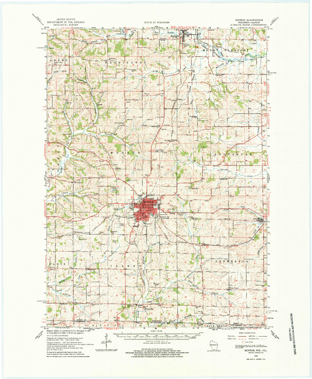 USGS 1:62500-SCALE QUADRANGLE FOR MONROE, WI 1962