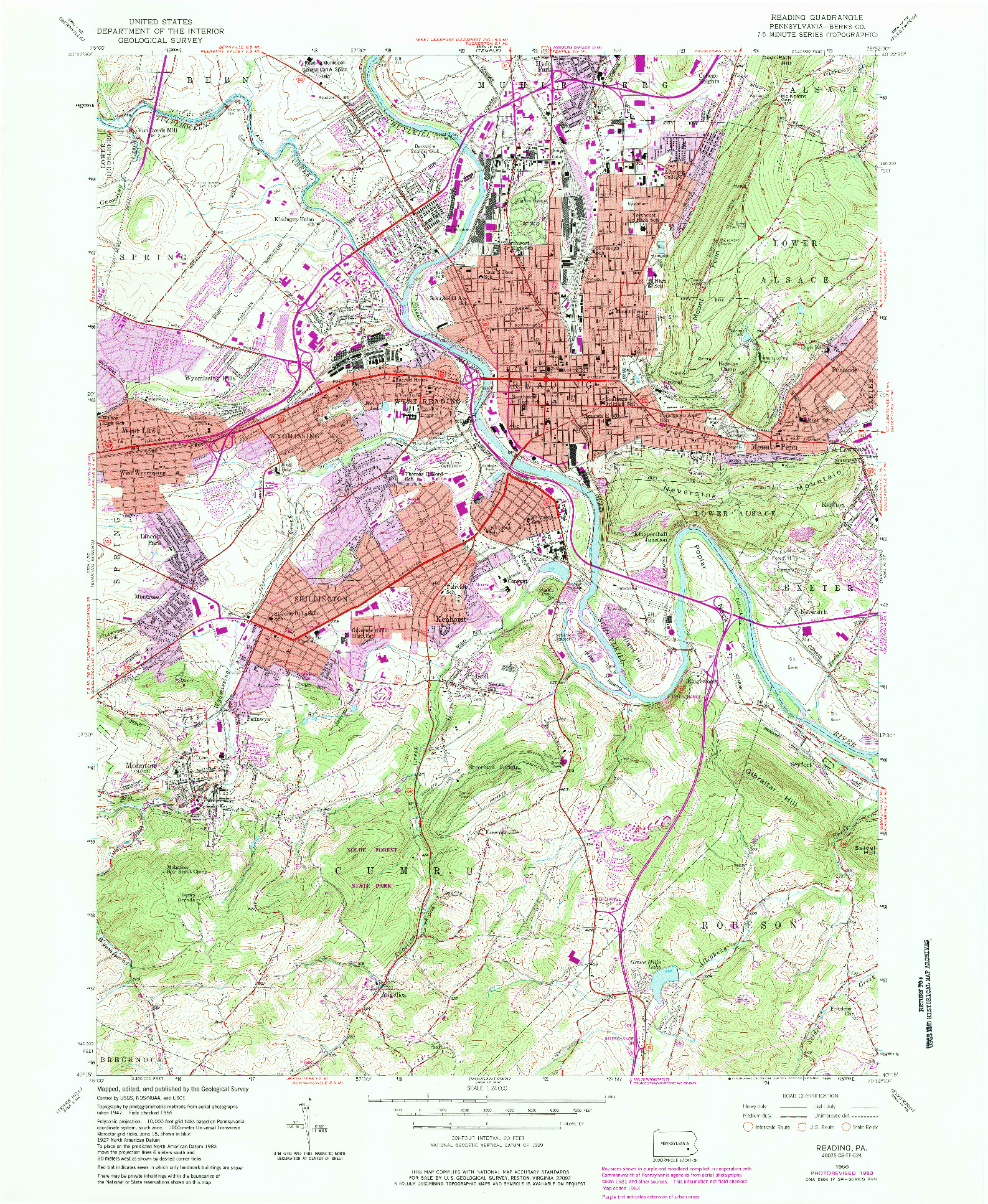 USGS 1:24000-SCALE QUADRANGLE FOR READING, PA 1956