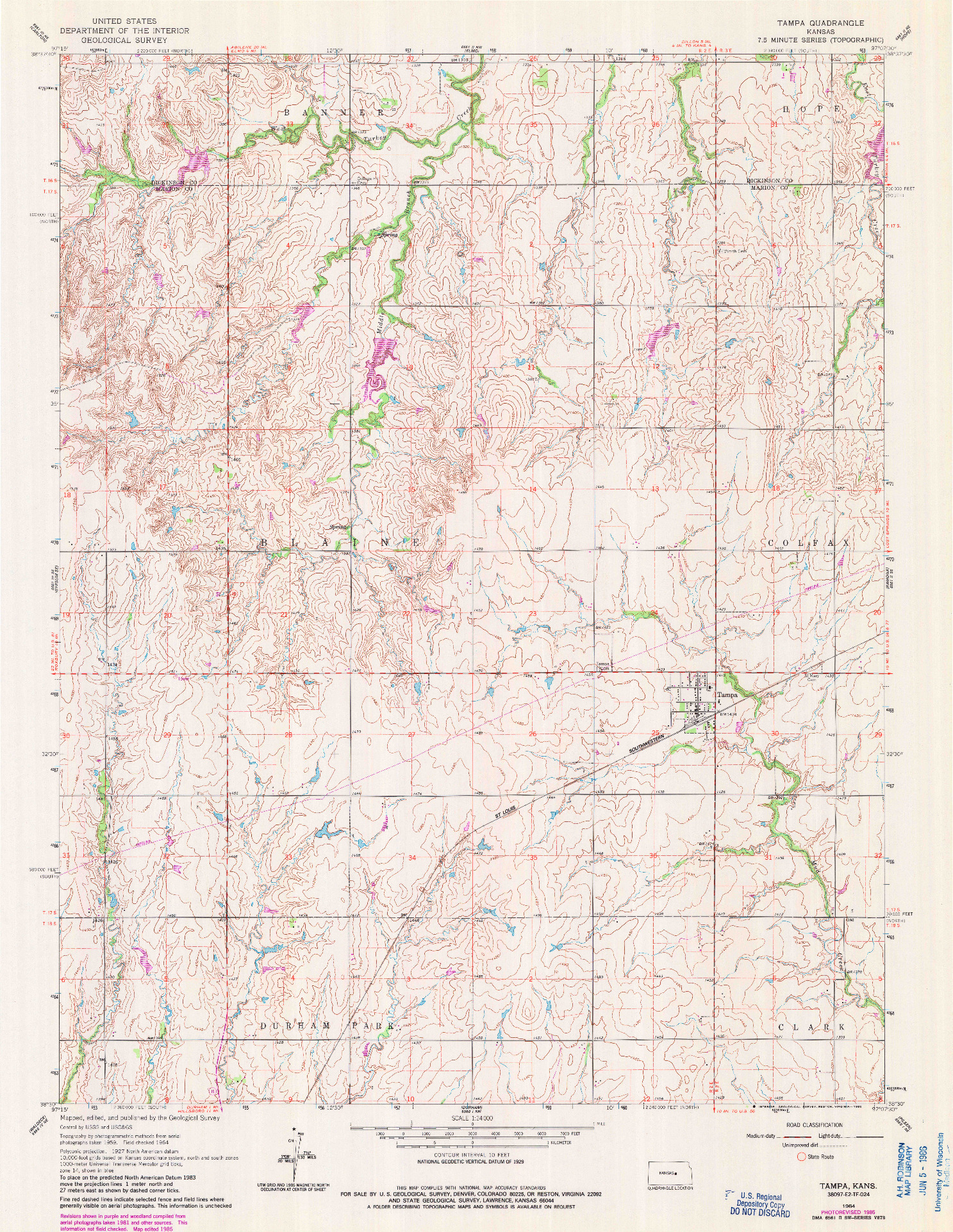 USGS 1:24000-SCALE QUADRANGLE FOR TAMPA, KS 1964
