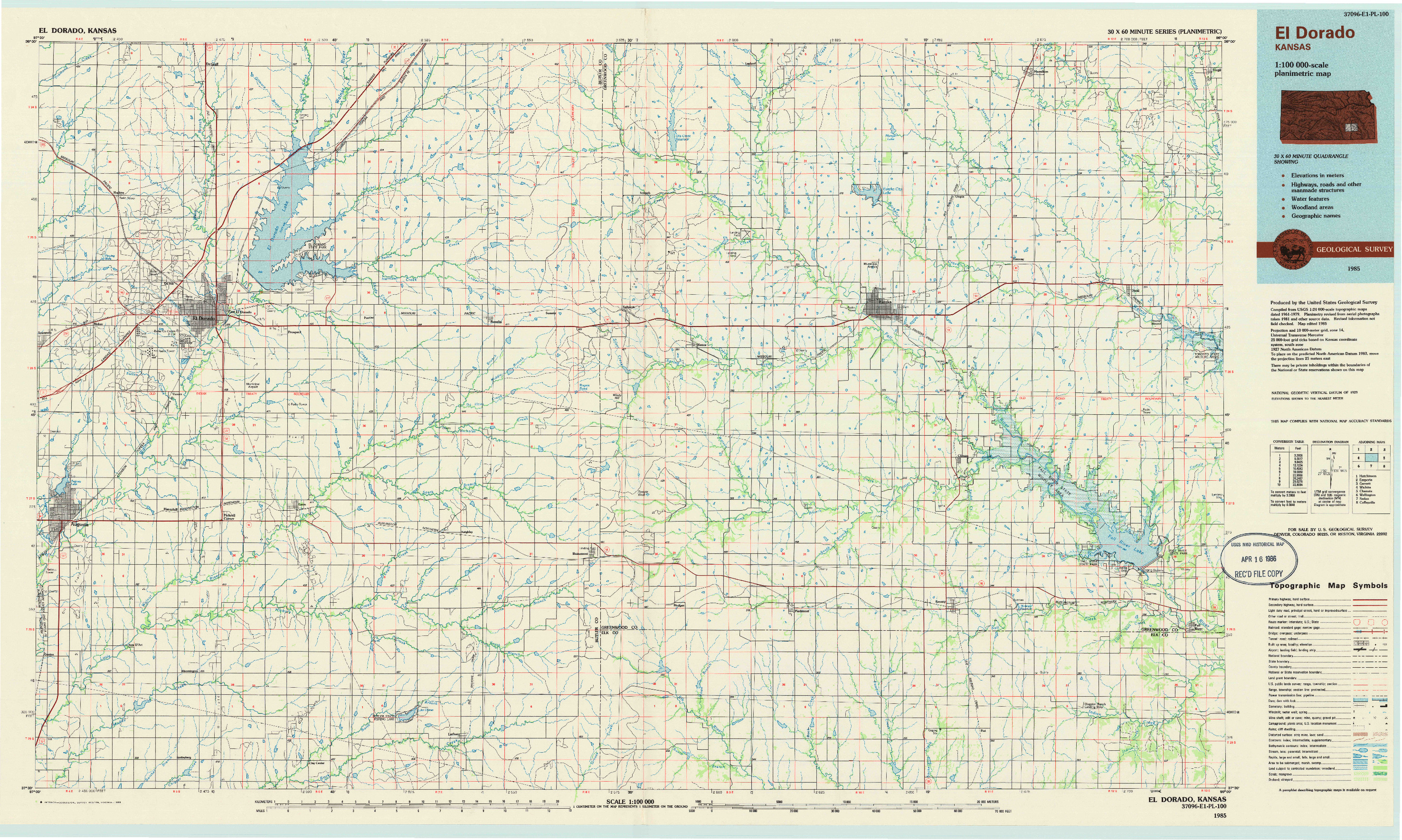 USGS 1:100000-SCALE QUADRANGLE FOR EL DORADO, KS 1985